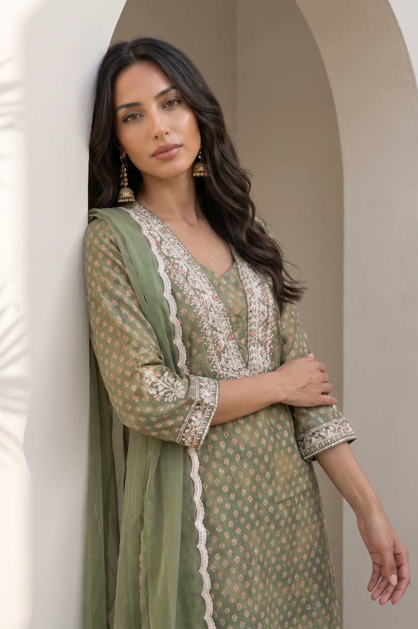Olive Green Embroidered Chanderi Straight Kurta with Pants and Dupatta Set