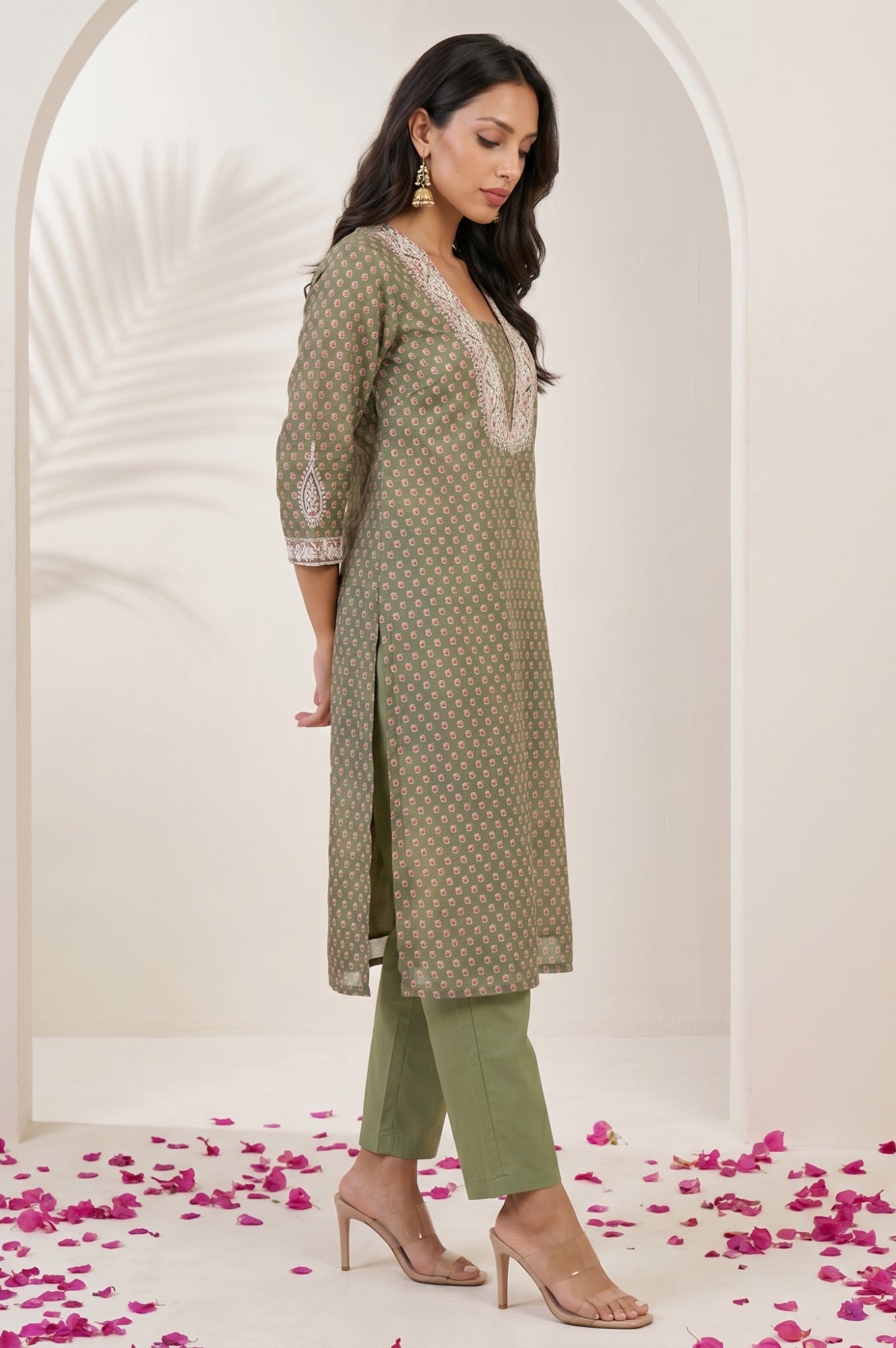 Olive Green Embroidered Chanderi Straight Kurta with Pants and Dupatta Set