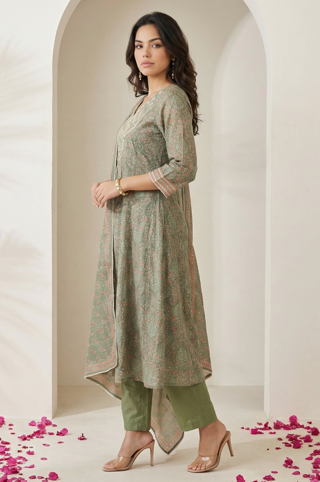 Olive Floral Printed Mirror Work Chanderi A-line Kurta with Straight Pants and Dupatta Set
