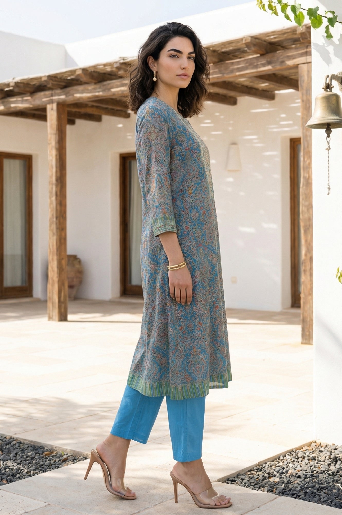 Blue Paisley Printed Embroidered Pure Cotton Straight Kurta with Straight Pants and Dupatta Set