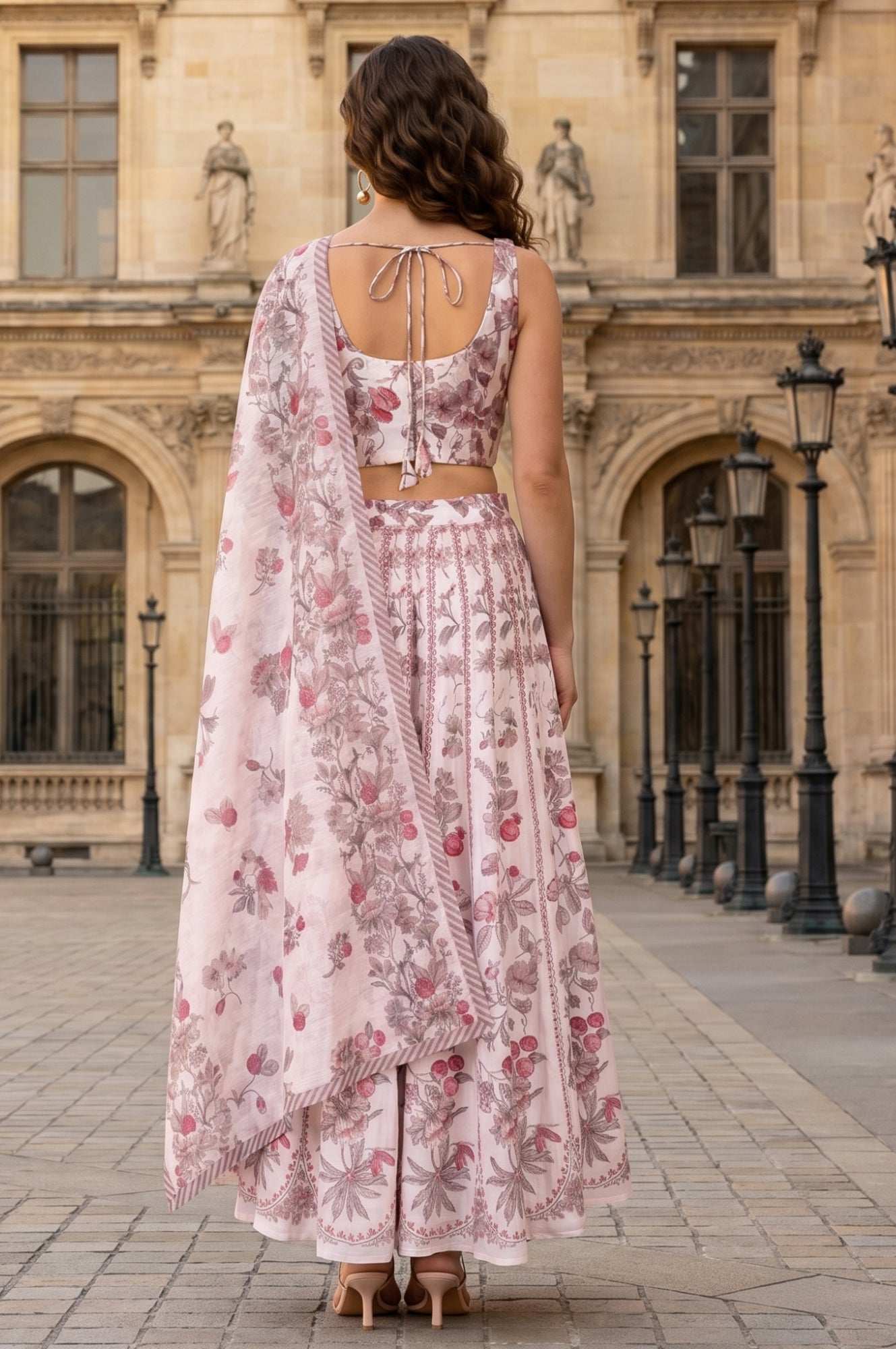 Off White Floral Printed Lace Chanderi Sleeveless Straight Crop Top with Skirt and Dupatta Set