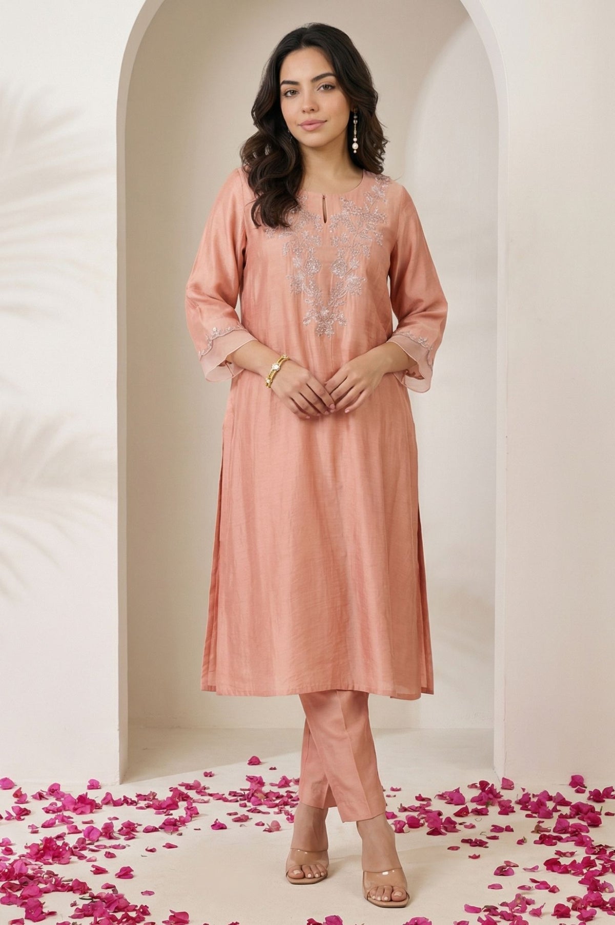 Peach Thread Embroidered Straight Kurta with Straight Pants and Dupatta Set