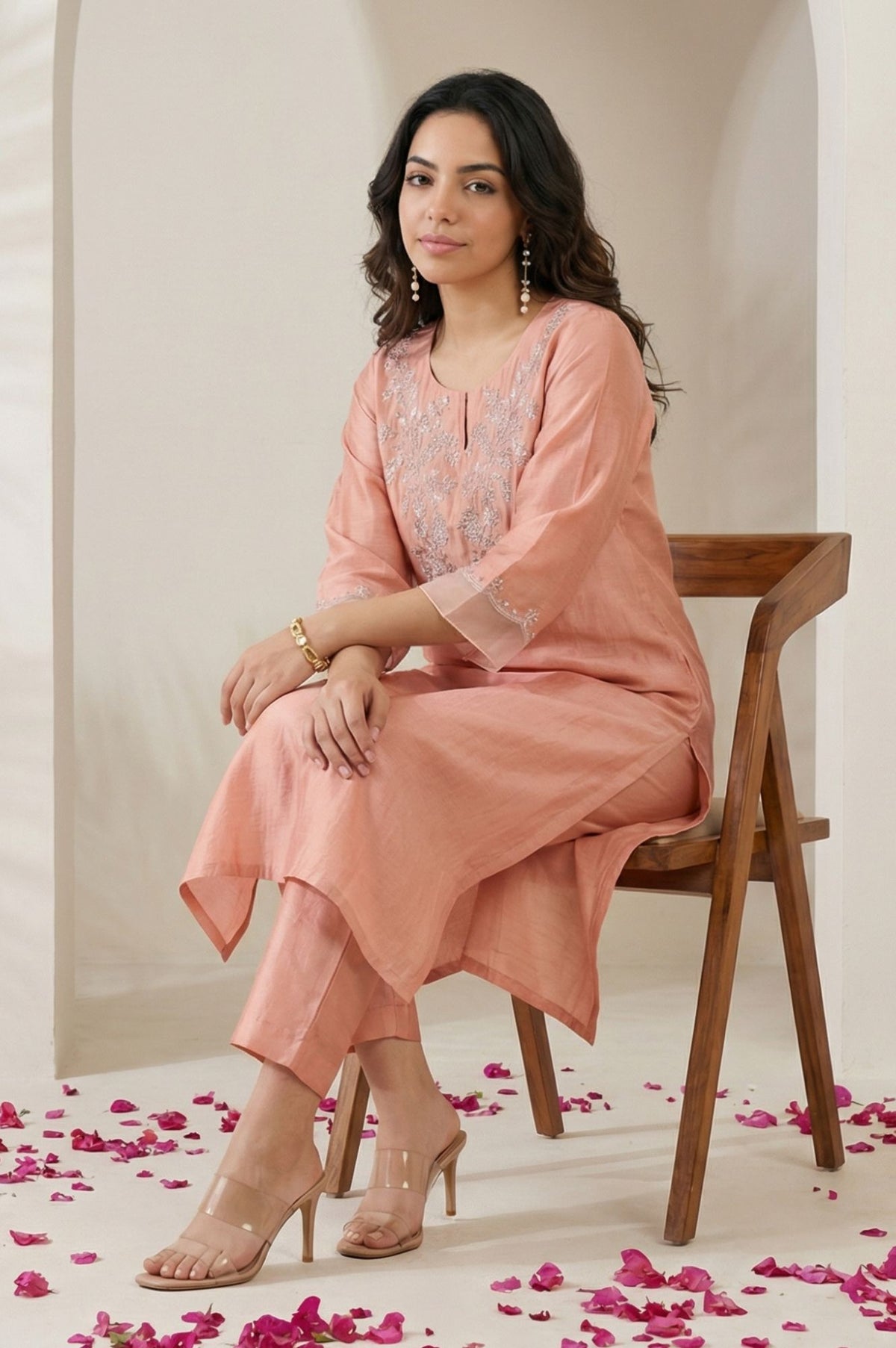 Peach Thread Embroidered Straight Kurta with Straight Pants and Dupatta Set