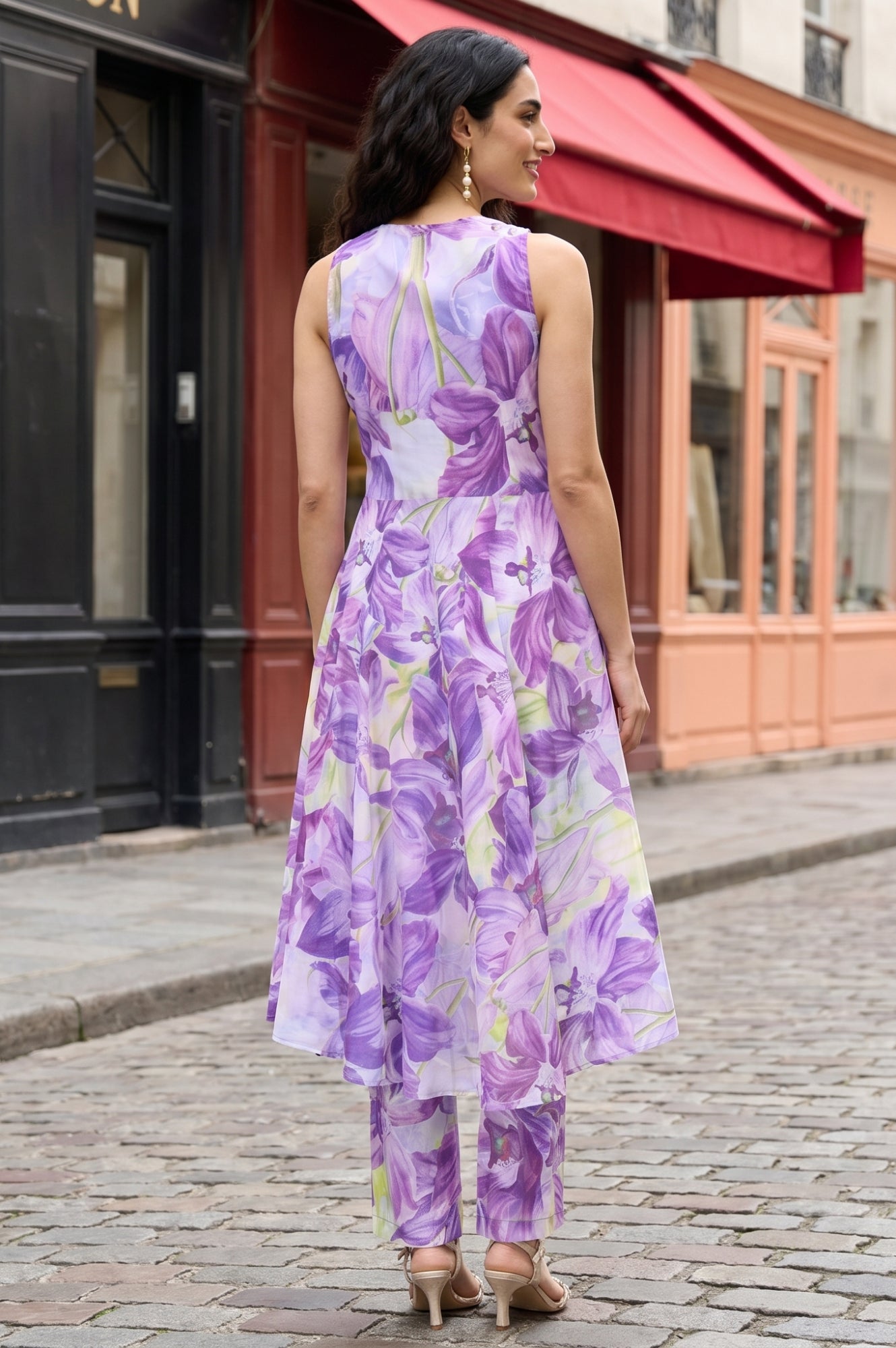 Lavender Floral Printed Pure Cotton Sleeveless Flared Kurta with Pants Co-ord Set