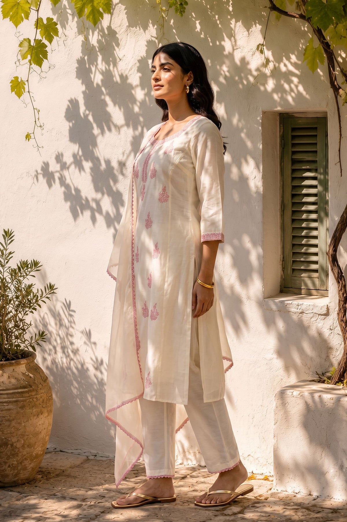Off White Thread Embroidered Chanderi Straight Kurta with Pants and Dupatta Set