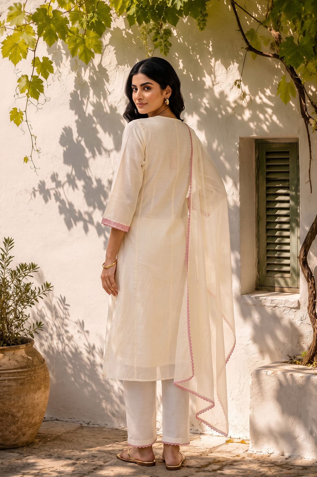 Off White Thread Embroidered Chanderi Straight Kurta with Pants and Dupatta Set