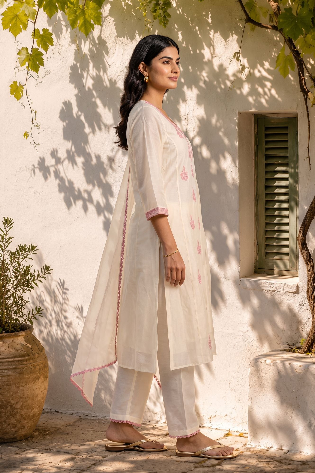 Off White Thread Embroidered Chanderi Straight Kurta with Pants and Dupatta Set