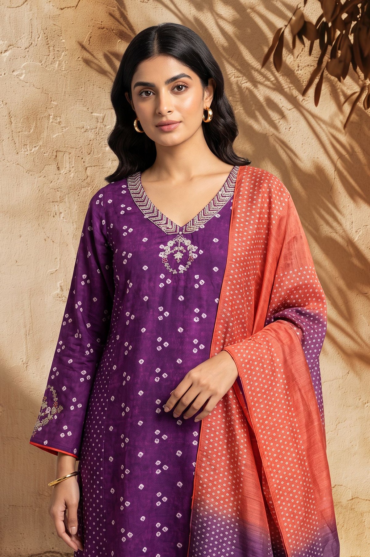 Purple Bandhani Thread Embroidered Pure Cotton Straight Kurta with Straight Pants and Dupatta Set