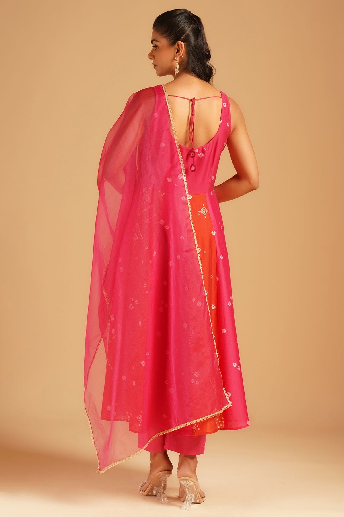 Pink Bandhani Sequins Sleeveless A-line Kurta with Pants and Dupatta Set