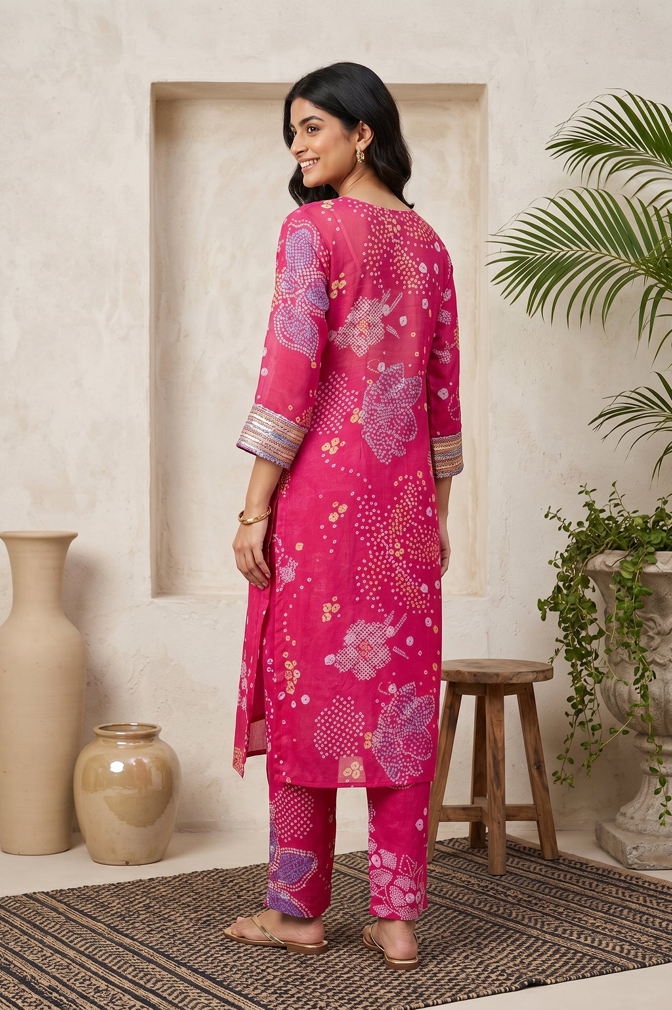 Pink Bandhani Mirror Work Modal Straight Kurta With Straight Pants Set