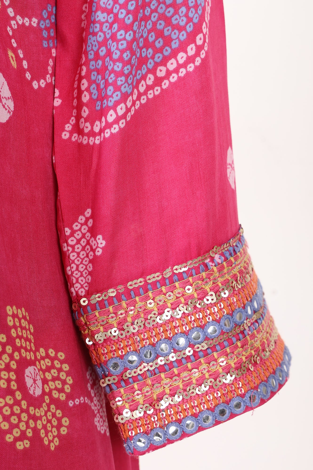 Pink Bandhani Mirror Work Modal Straight Kurta With Straight Pants Set