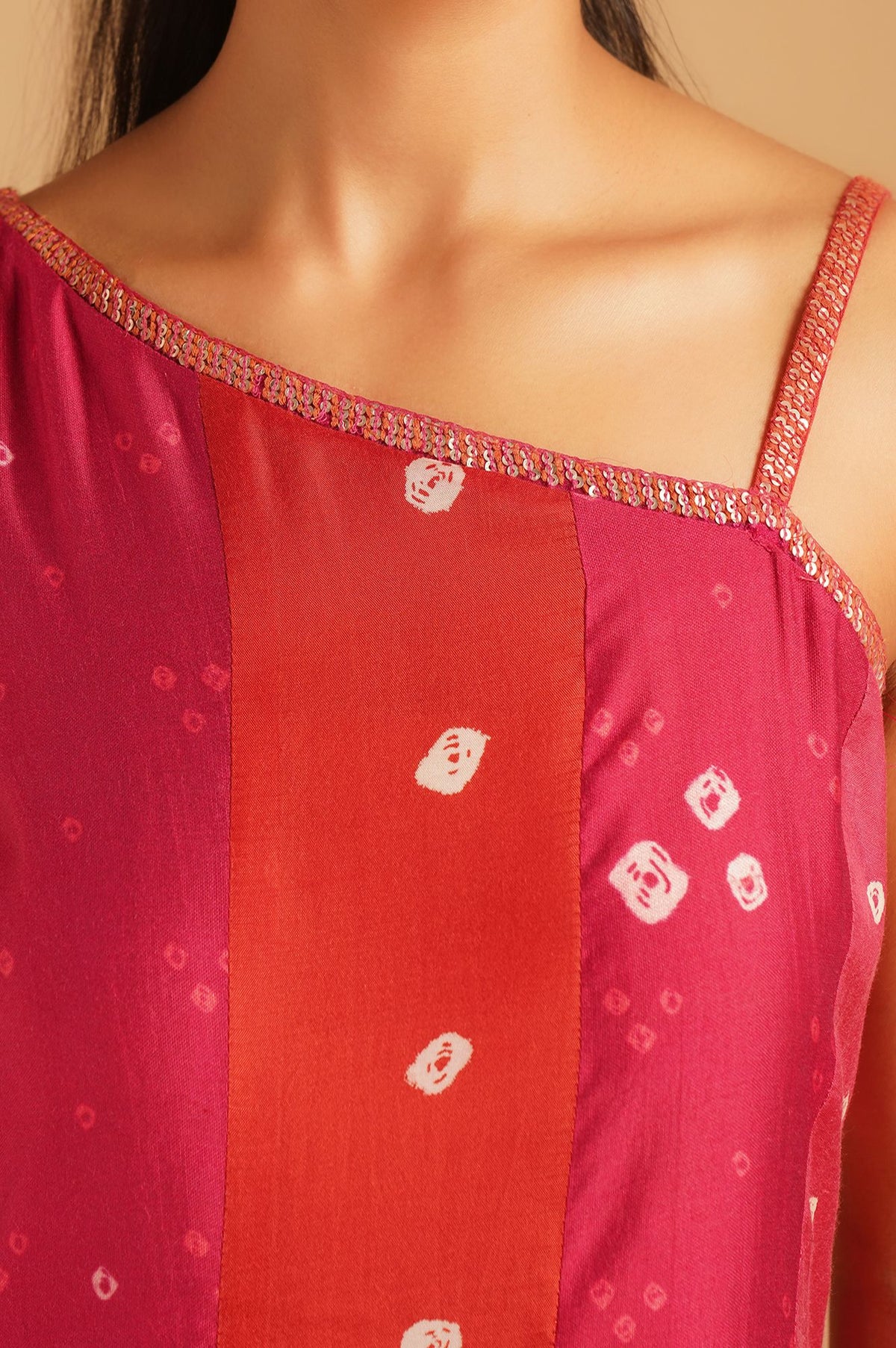 Pink Bandhani Sequins Sleeveless A-line Kurta with Flared Pants and Dupatta Set