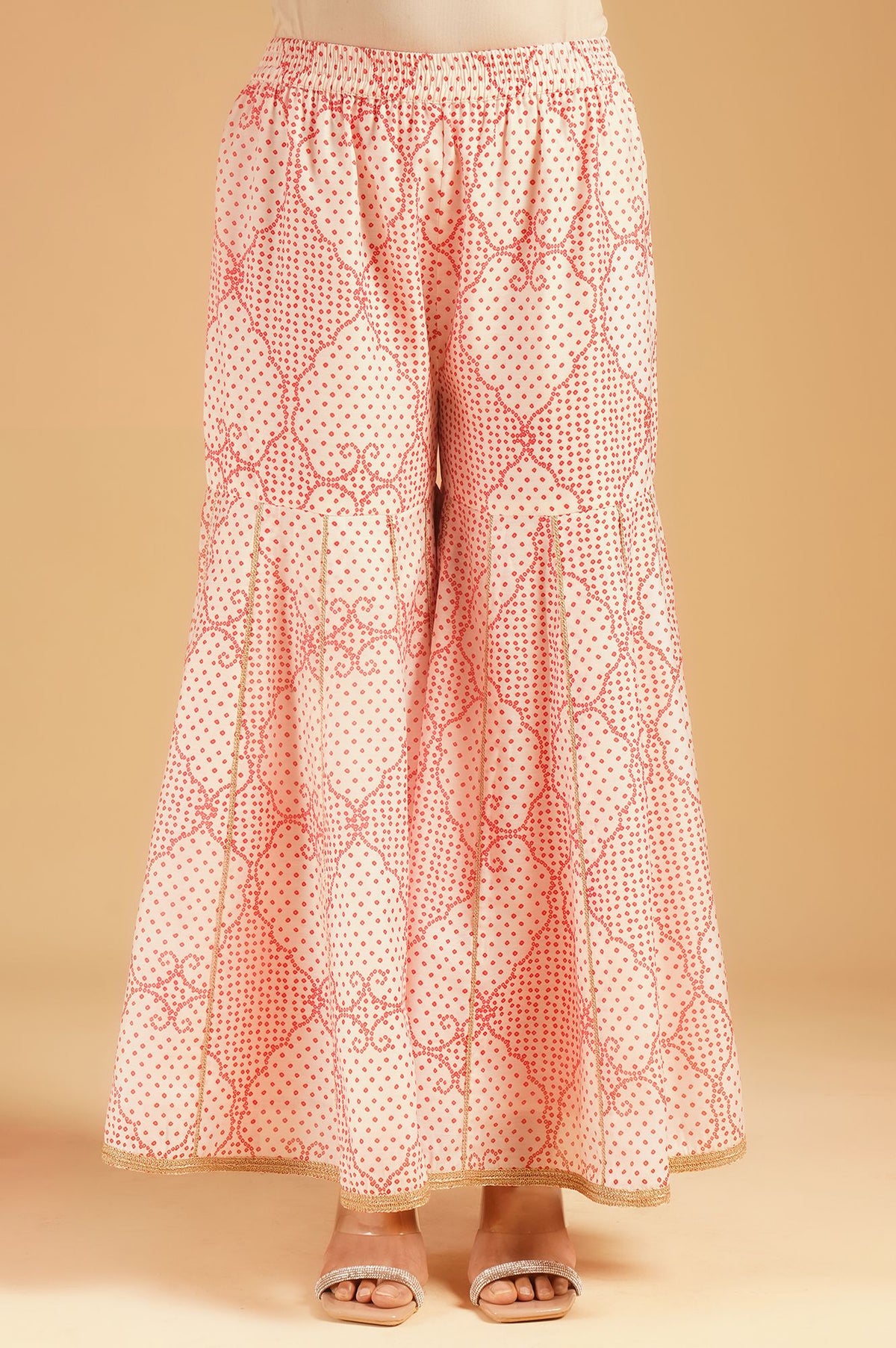 Off White Bandhani Embroidered Chanderi Straight Kurta with Sharara and Dupatta Set