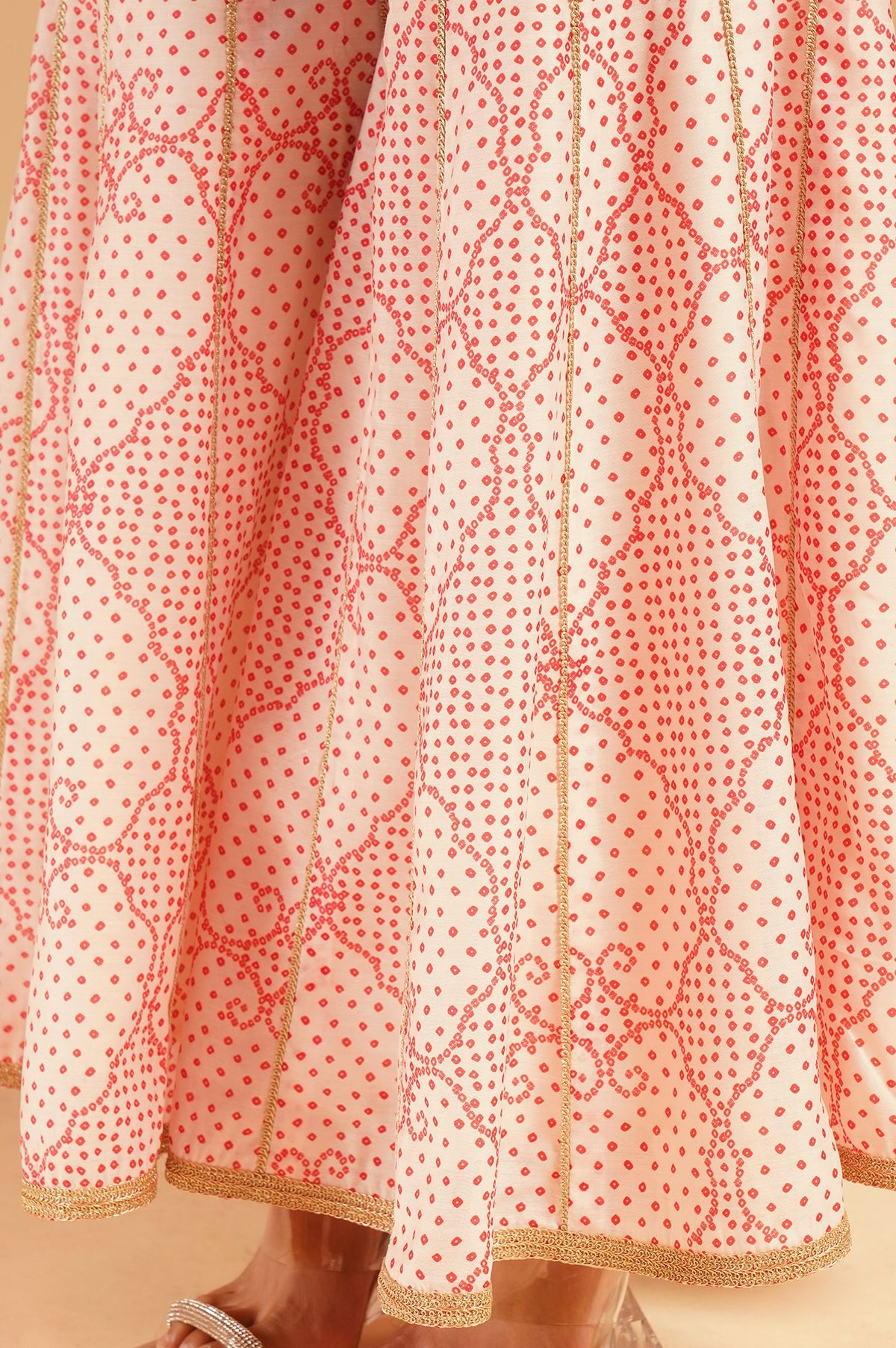 Off White Bandhani Embroidered Chanderi Straight Kurta with Sharara and Dupatta Set