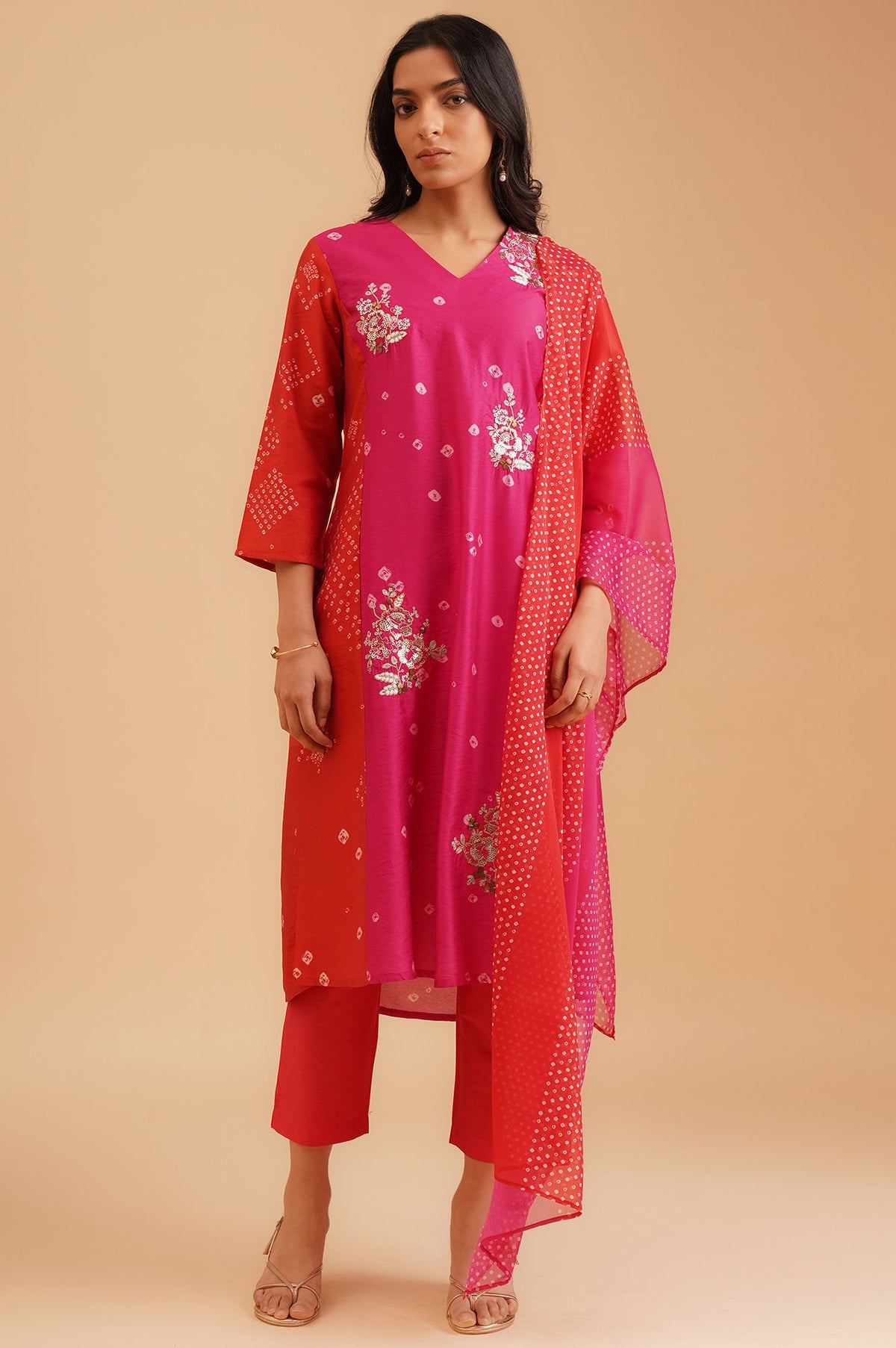 Red Bandhani Sequins Straight Kurta with Straight Pants and Dupatta Set