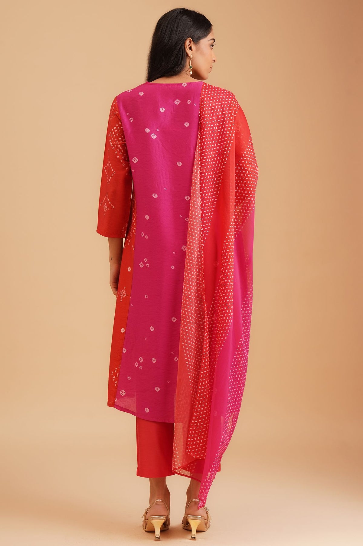 Red Bandhani Sequins Straight Kurta with Straight Pants and Dupatta Set