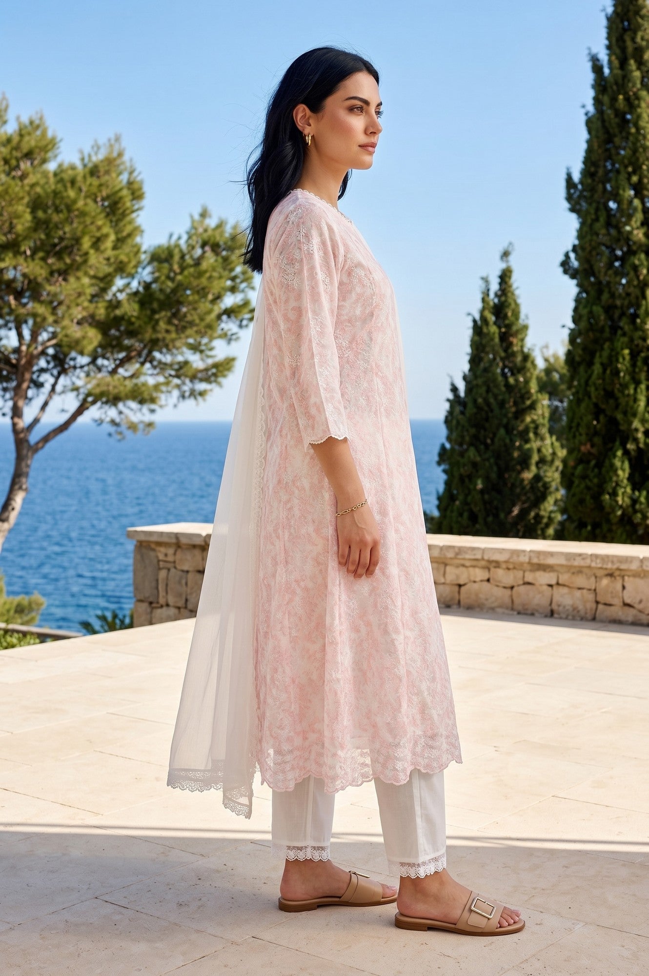 Off White Floral Printed Embroidered Tencel Straight Kurta With Pants and Dupatta Set
