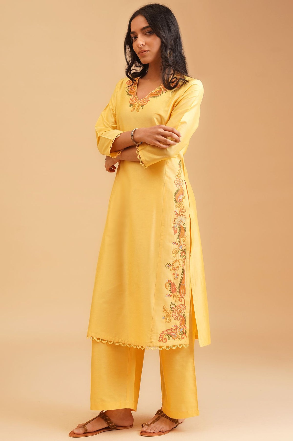 Yellow Thread Embroidered Straight Kurta with Straight Pants and Dupatta Set