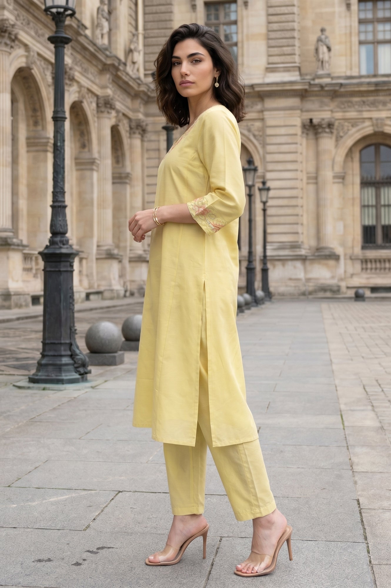 Yellow Thread Embroidered Straight Kurta with Pants and Dupatta Set