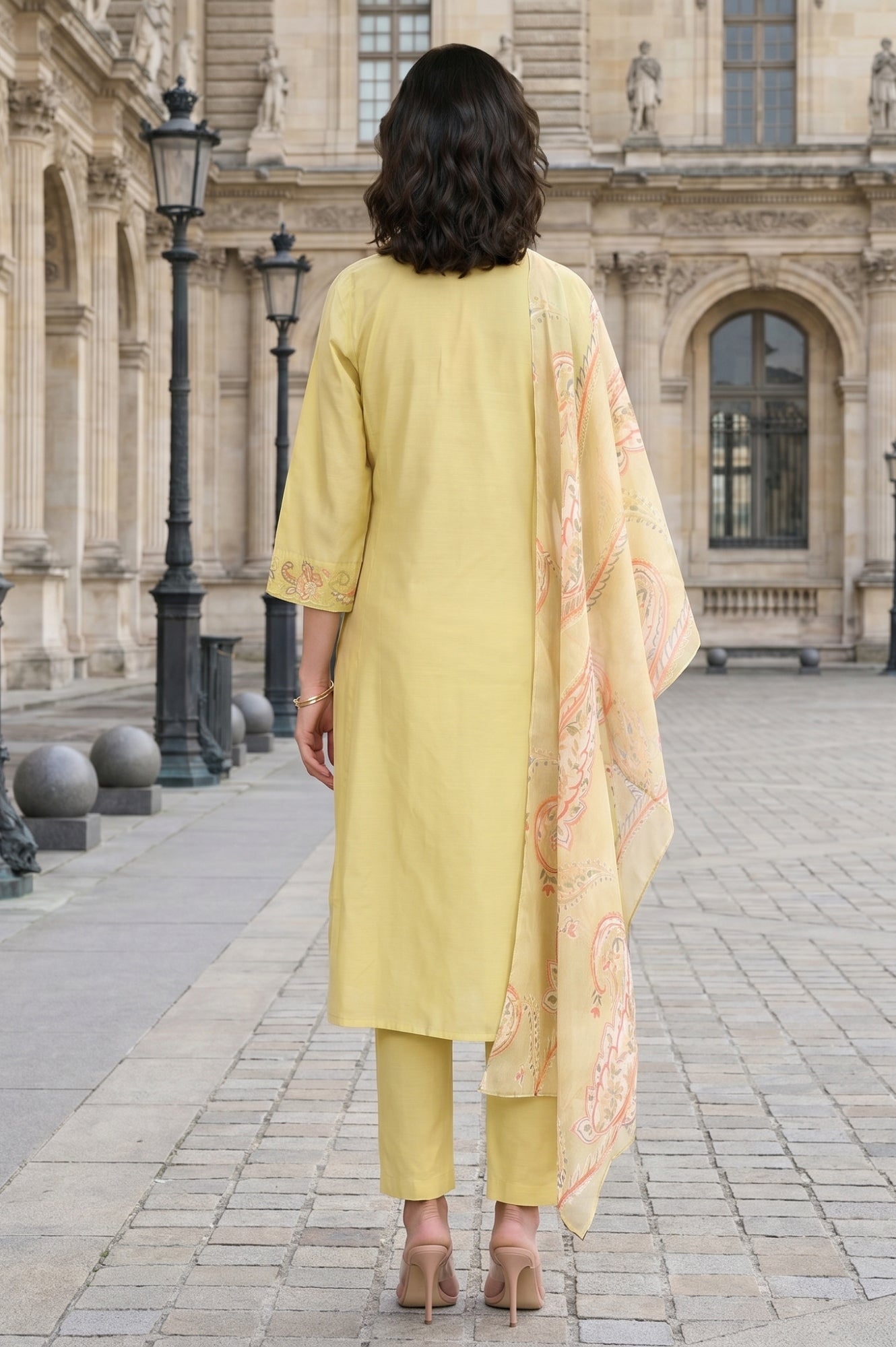 Yellow Thread Embroidered Straight Kurta with Pants and Dupatta Set