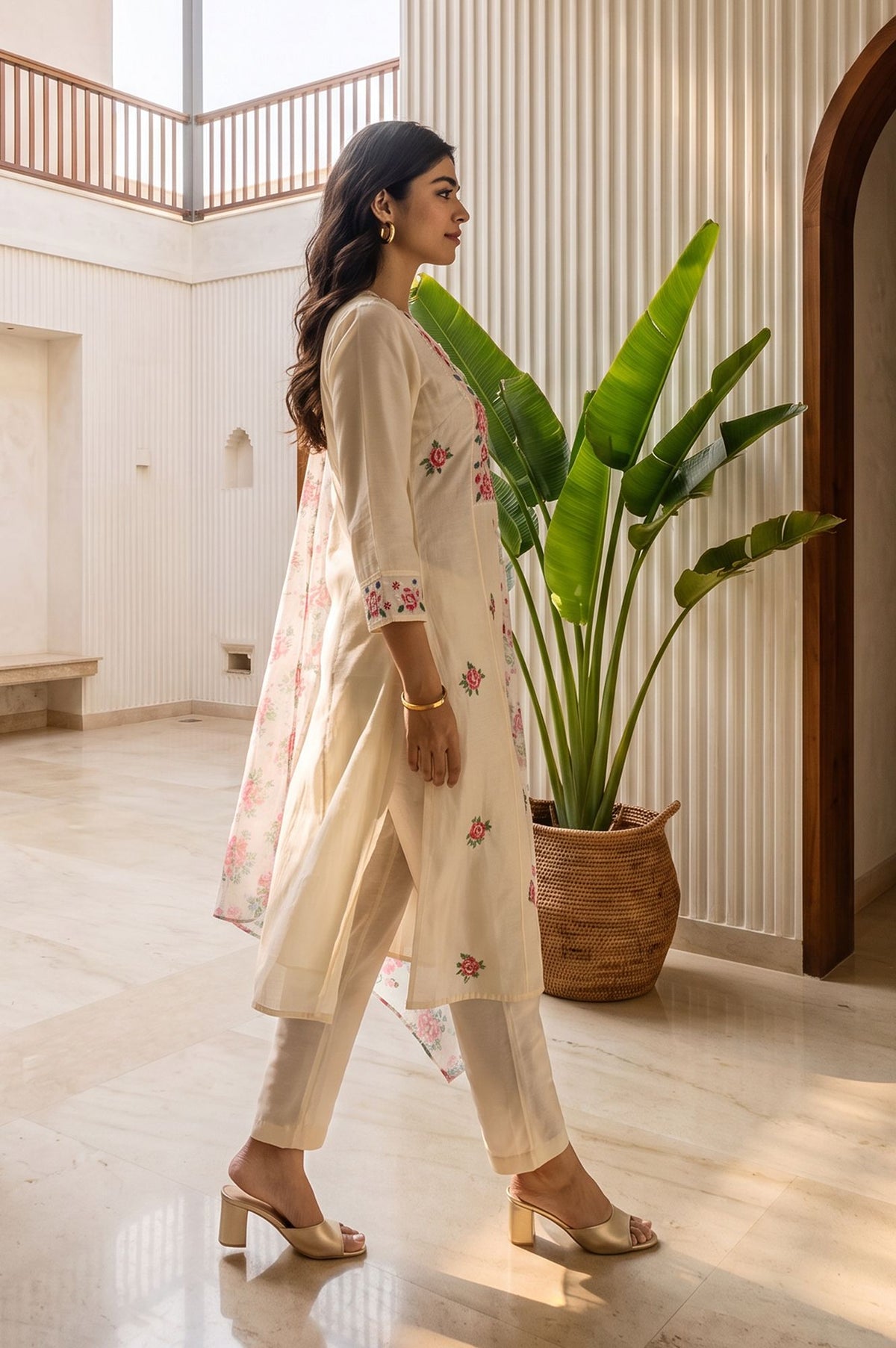 Off White Thread Embroidered Chanderi Straight Kurta with Straight Pants and Dupatta Set