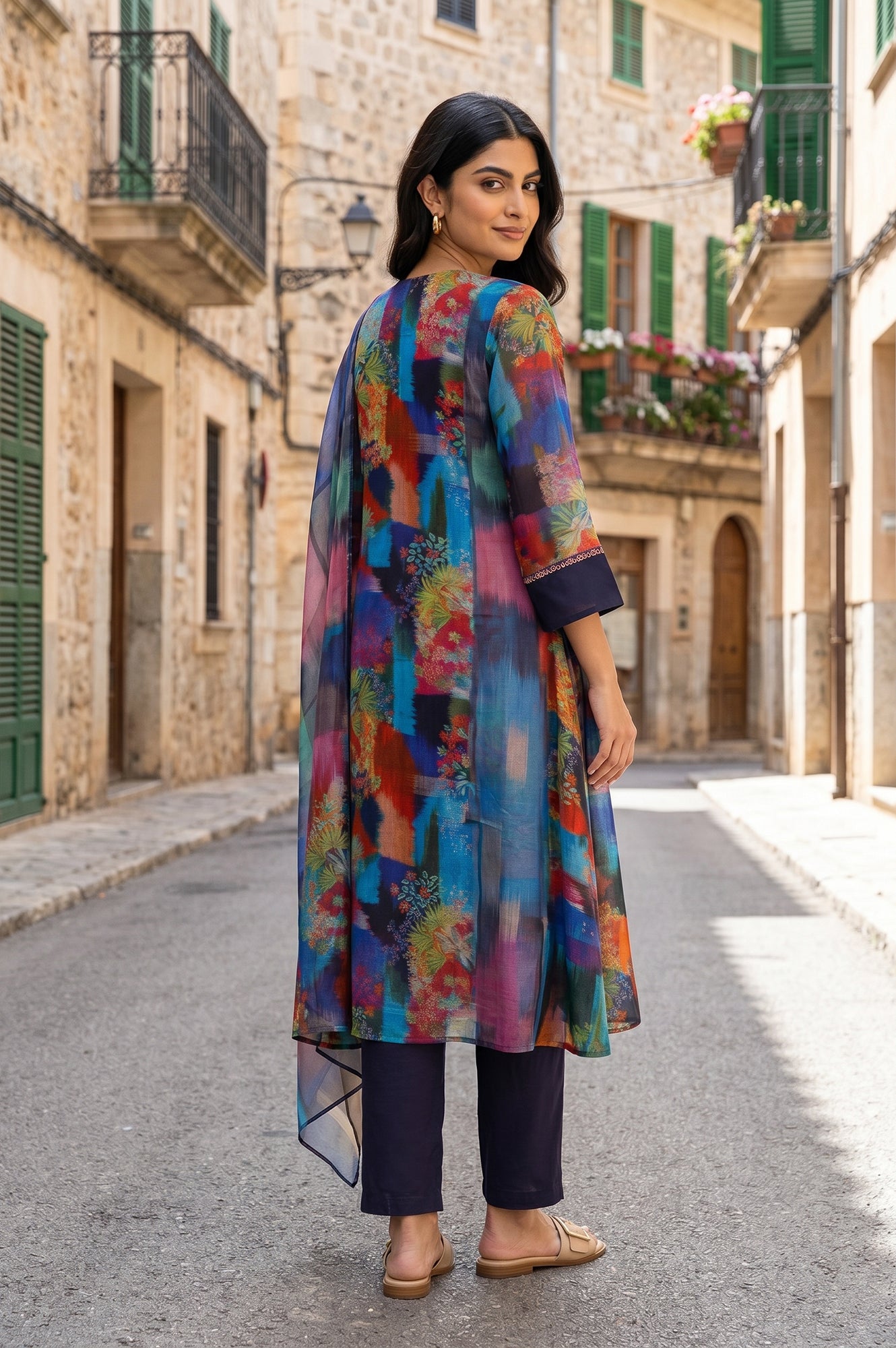 Multicolor Floral Printed Chiffon Straight Kurta With Pants And Dupatta Set