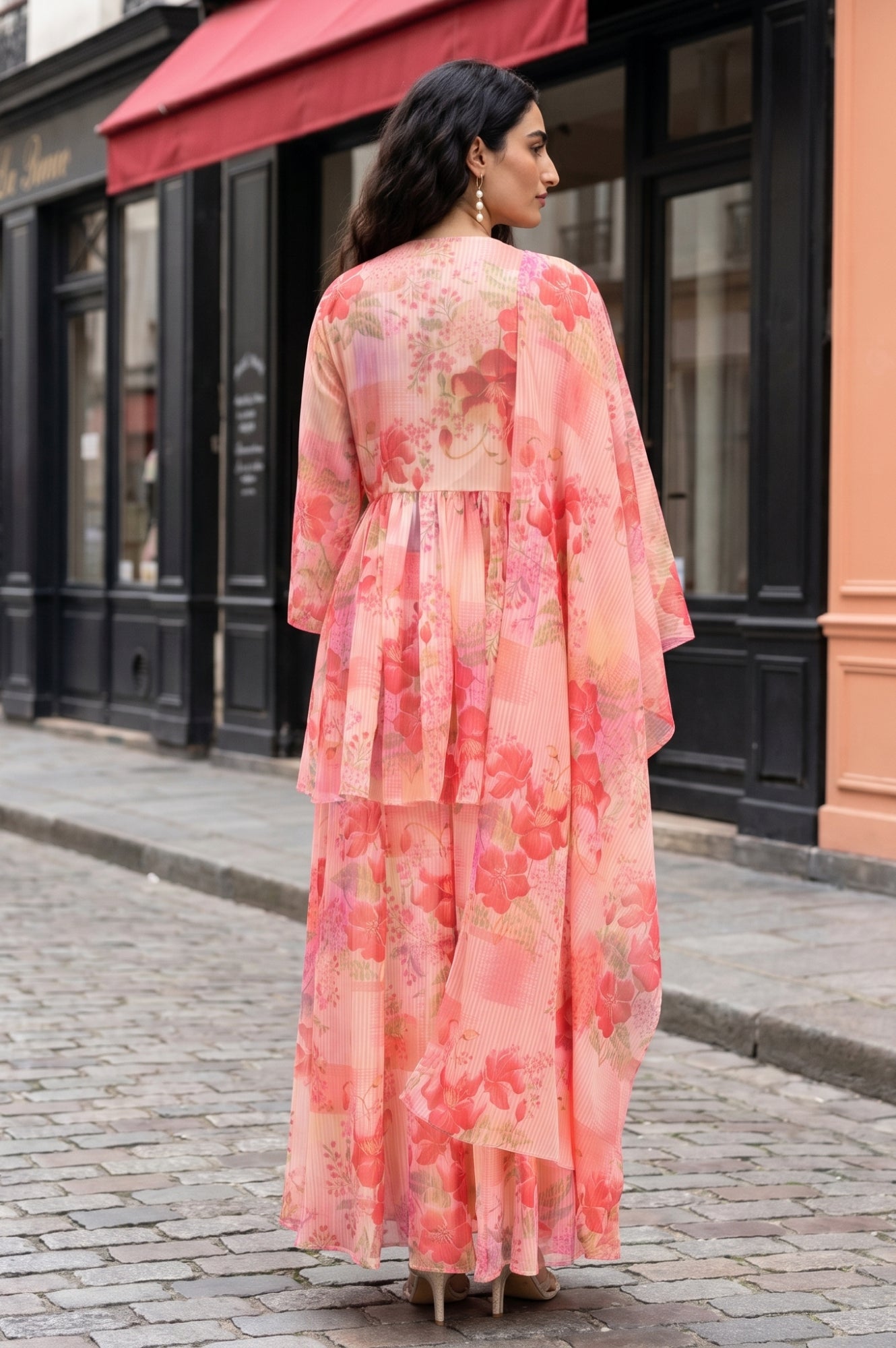 Peach Floral Printed Chiffon A-line Kurta with Culottess and Dupatta Set
