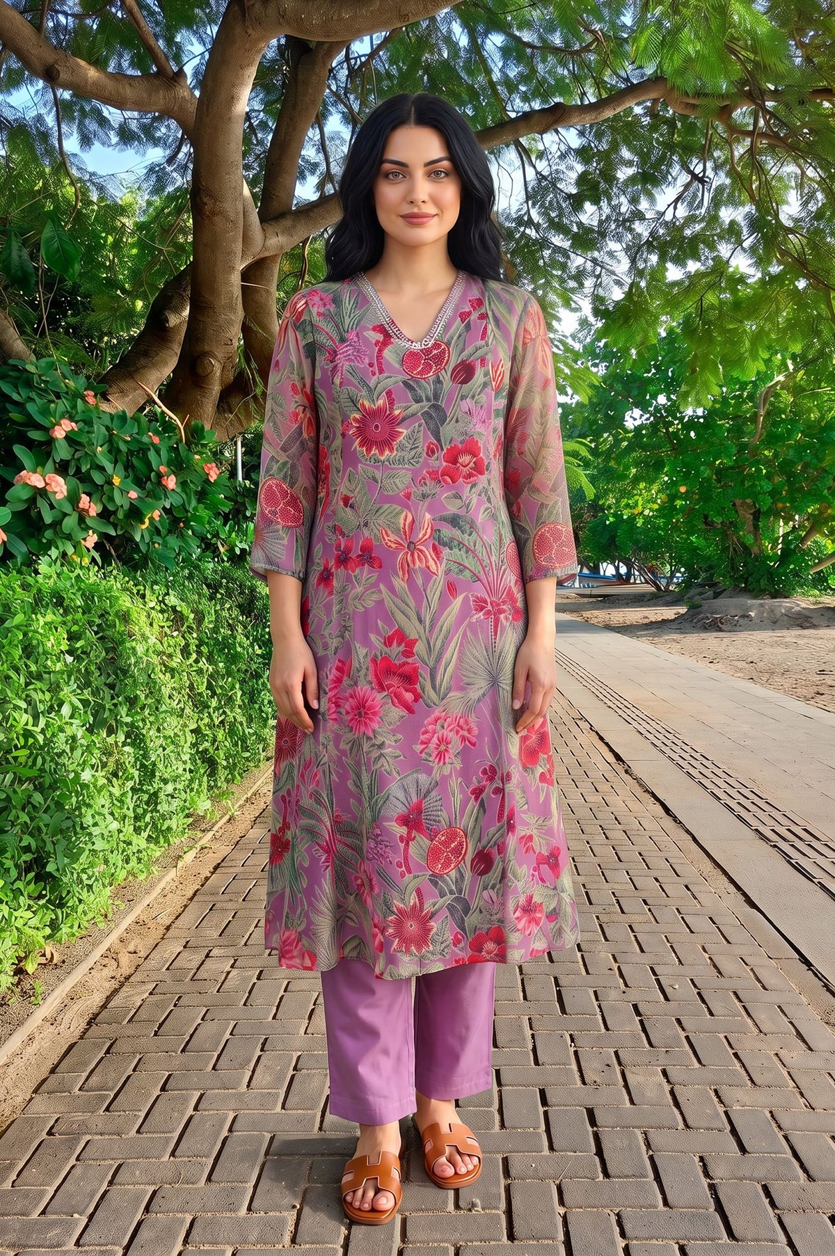 Mauve Floral Printed Organza Straight Kurta with Pants Set