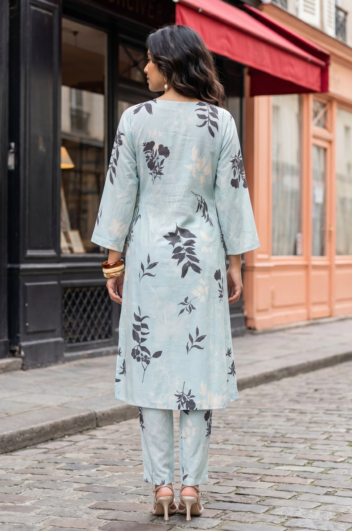 Blue Floral Printed Modal Straight Kurta with Pants Co-ord Set