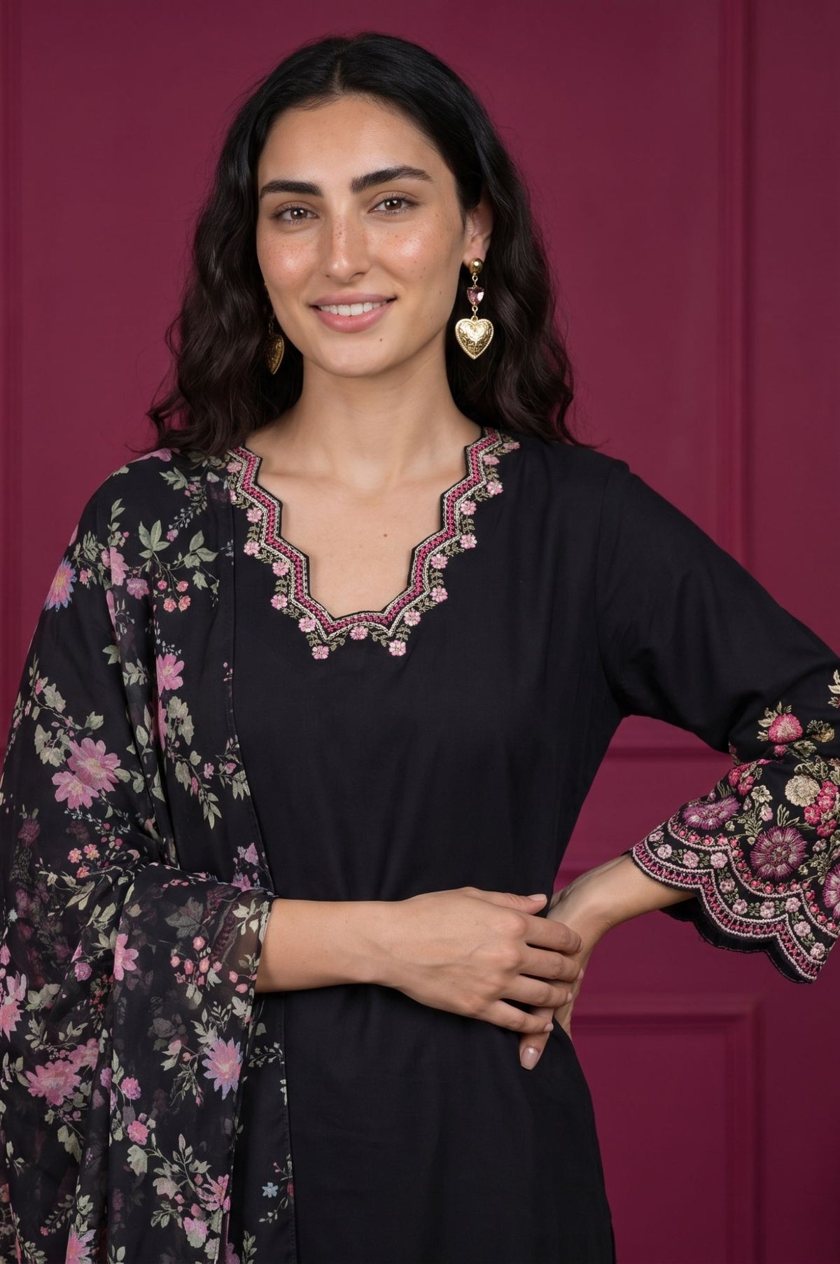 Black Thread Embroidered Straight Kurta with Straight Pants and Dupatta Set