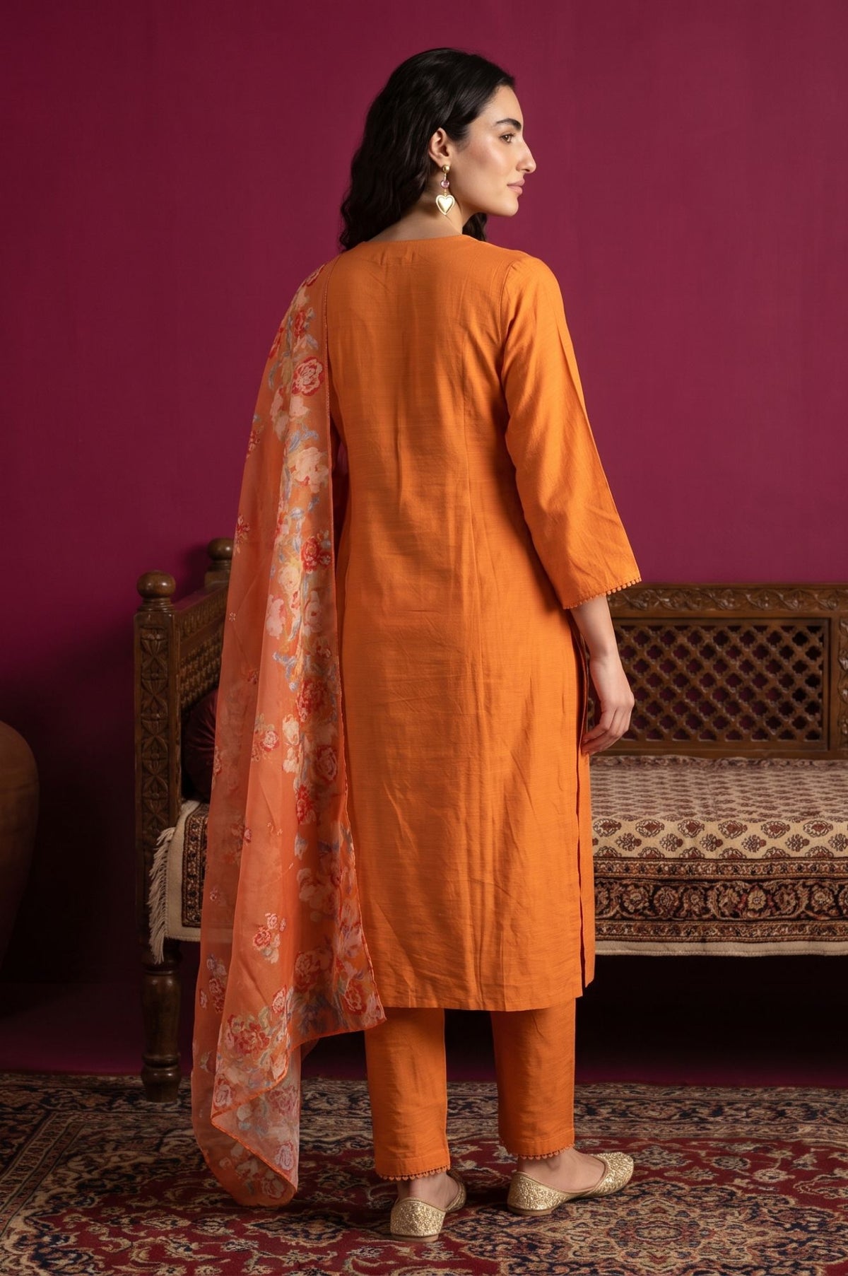 Orange Thread Embroidered Straight Kurta with Straight Pants and Dupatta Set