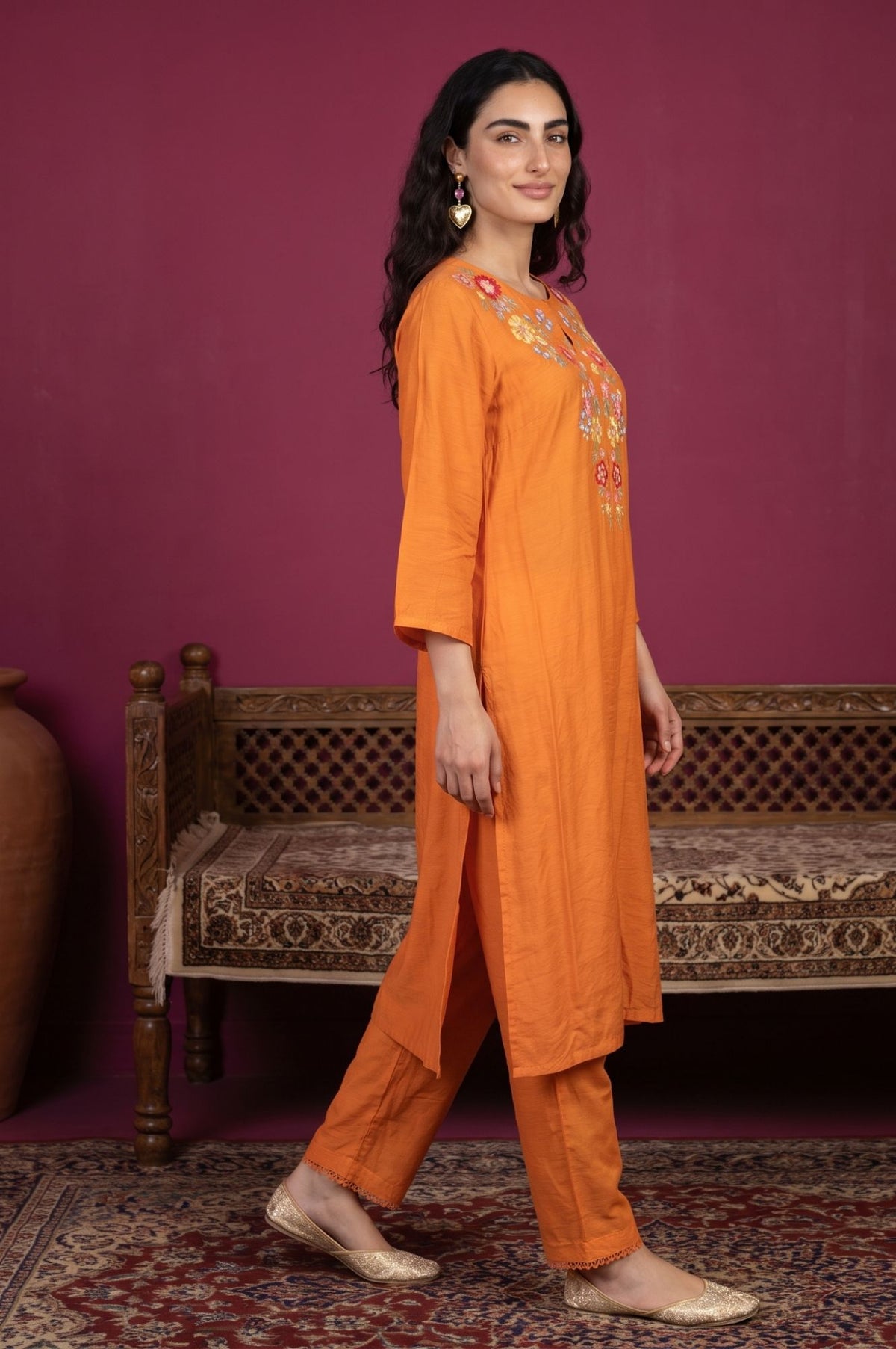 Orange Thread Embroidered Straight Kurta with Straight Pants and Dupatta Set