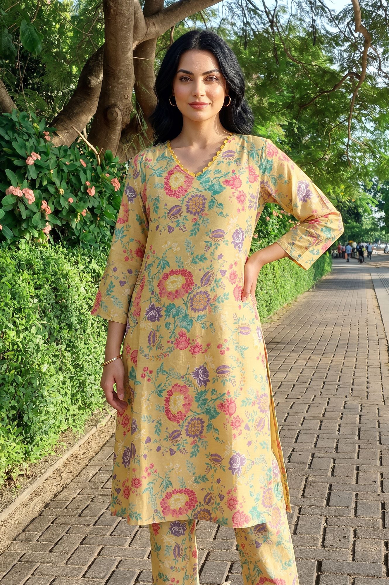 Yellow Floral Printed Straight Kurta with Pants Co-ord Set