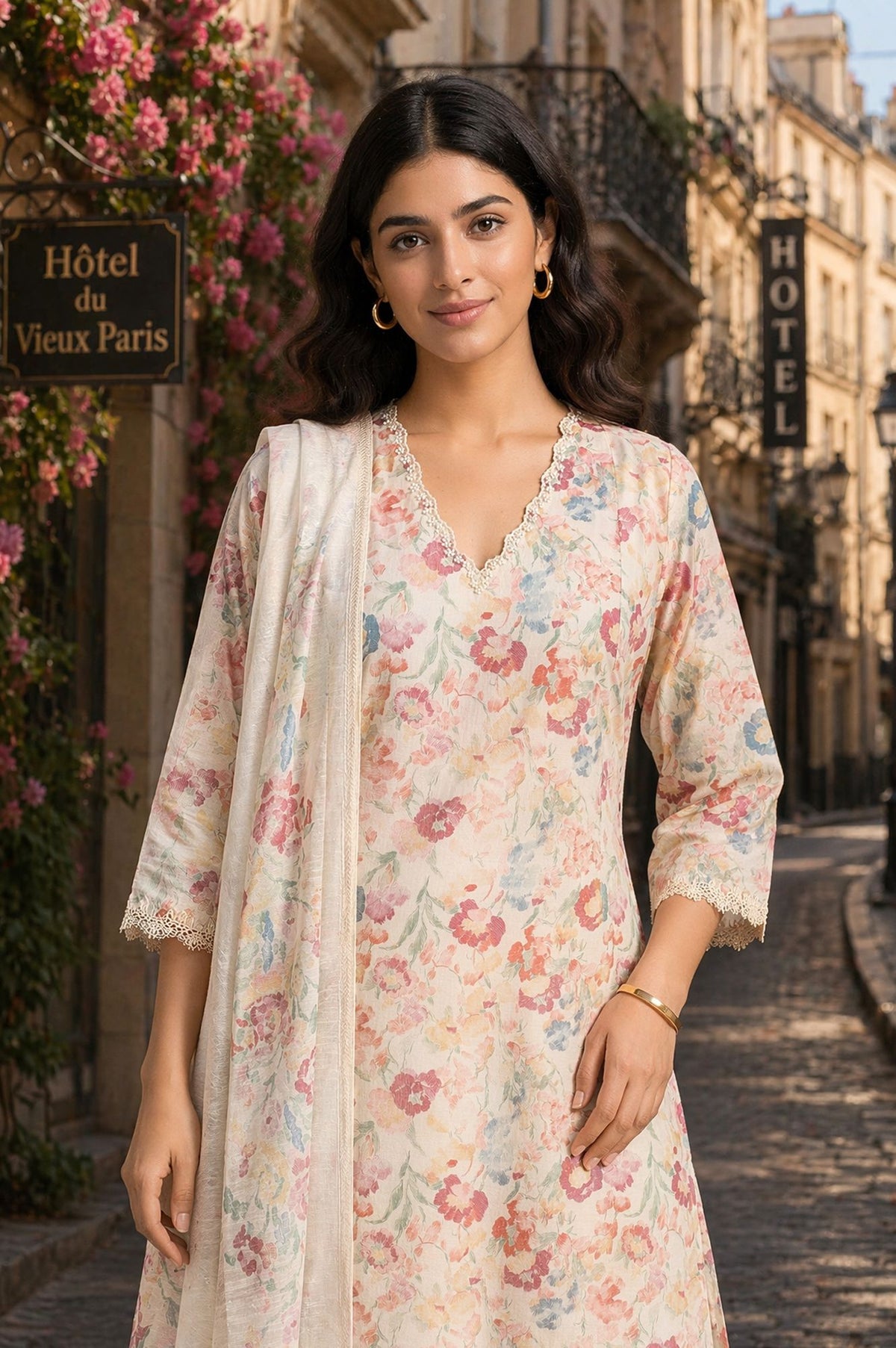 Off White Floral Printed Chanderi Straight Kurta with Pant and Dupatta Set