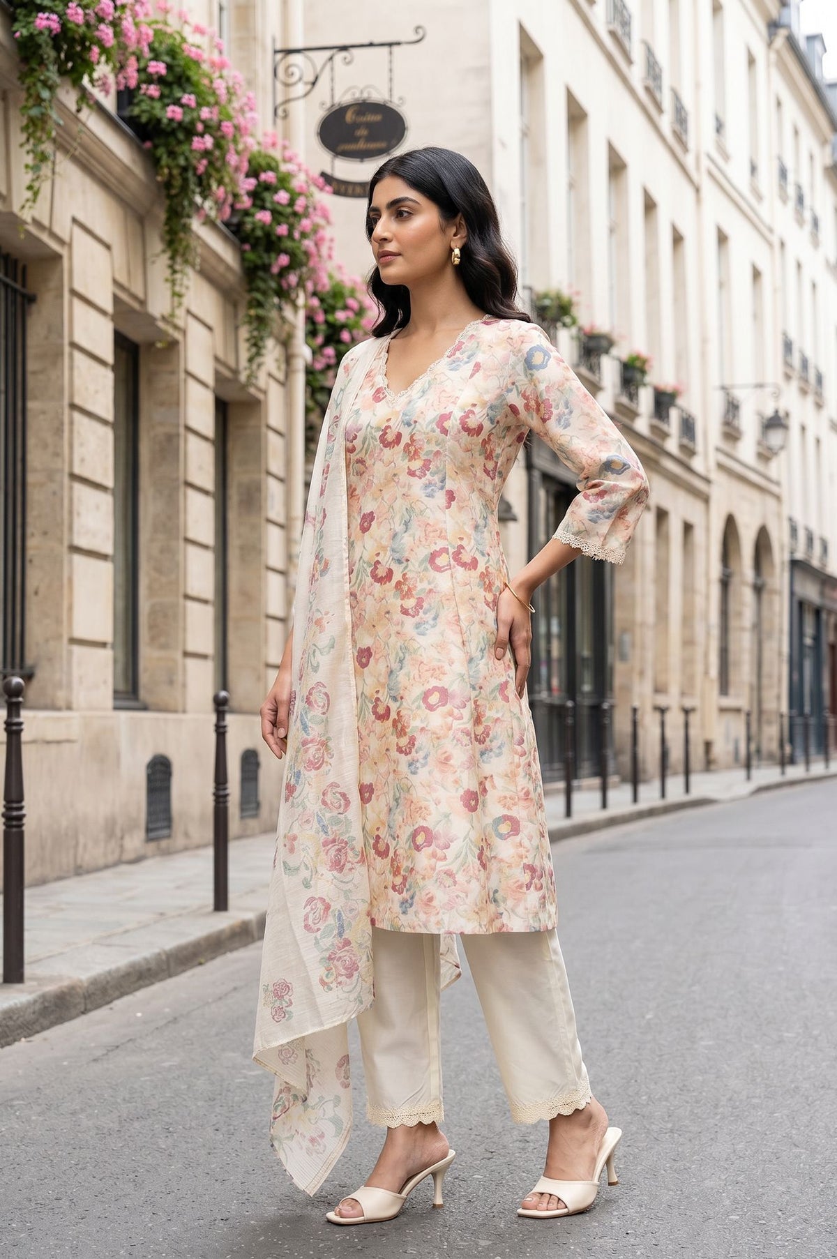 Off White Floral Printed Chanderi Straight Kurta with Pant and Dupatta Set