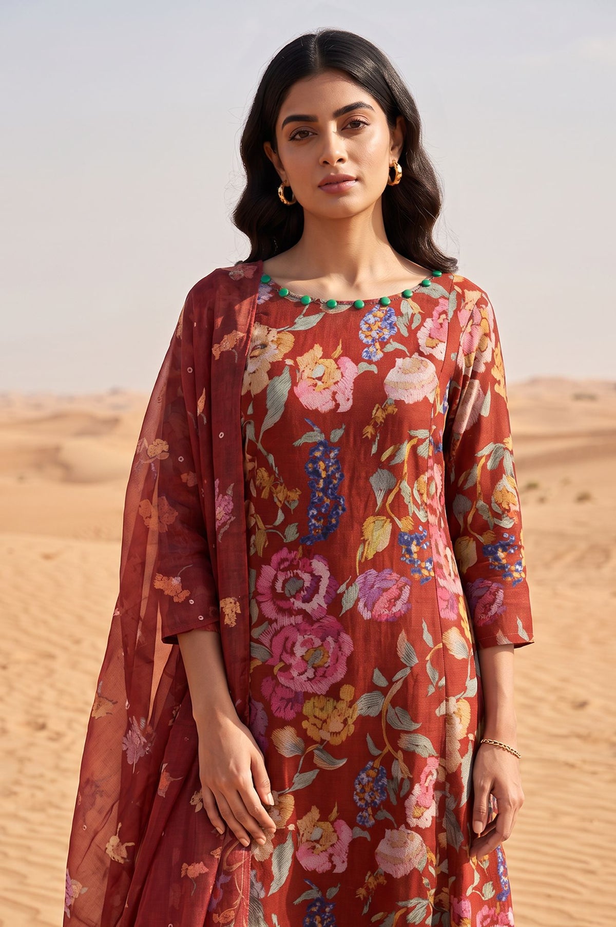 Maroon Floral Printed Crepe Straight Kurta with Pants and Dupatta Set