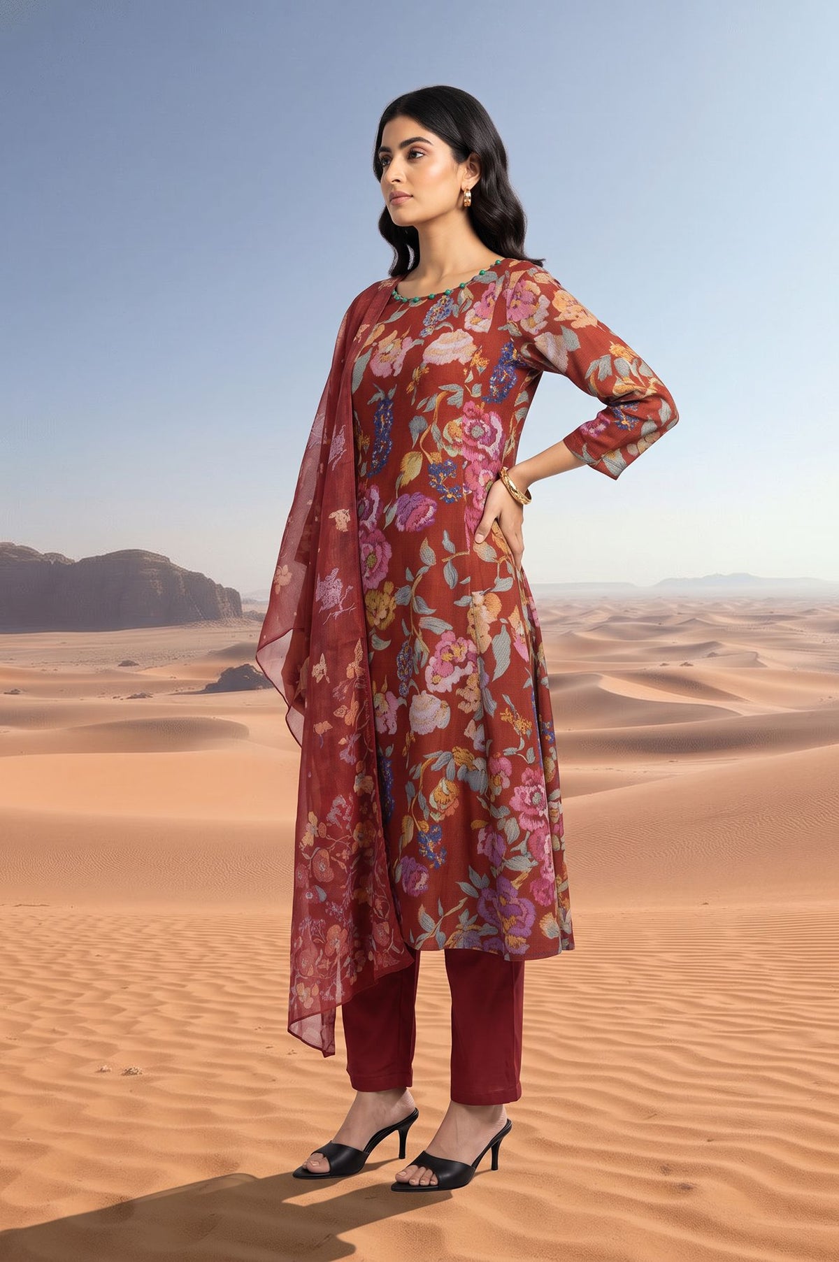 Maroon Floral Printed Crepe Straight Kurta with Pants and Dupatta Set