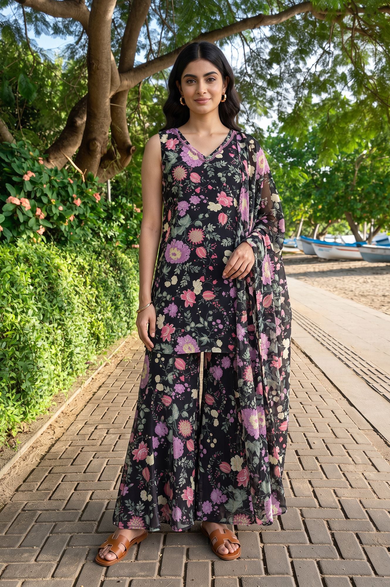 Black Floral Printed Beadwork Georgette Sleeveless Straight Kurta with Pants and Dupatta Set
