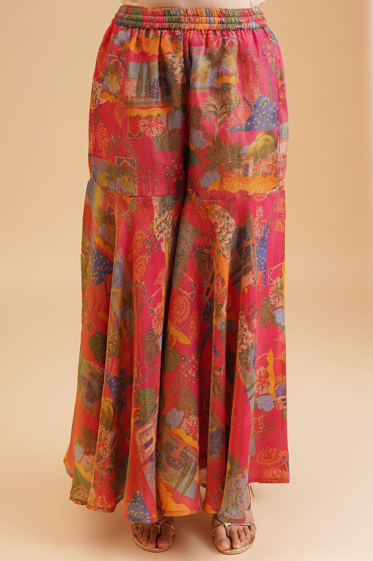 Pink Sequins Conversational Printed Tissue Crape Sleeveless Kurta with Flared Pants and Dupatta Set
