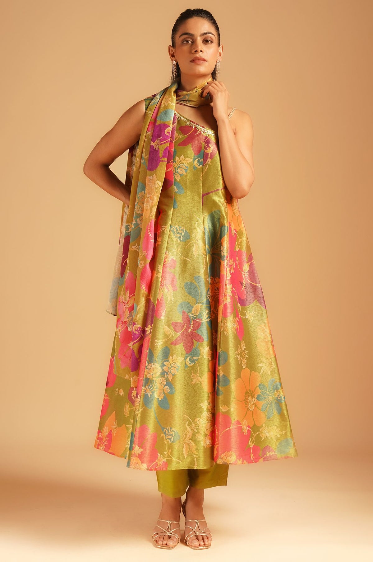Green Floral Printed Tissue Crepe Sleeveless Flared Kurta with Pants and Dupatta Set