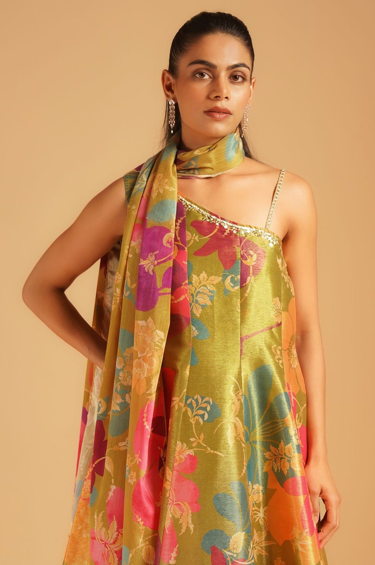 Green Floral Printed Tissue Crepe Sleeveless Flared Kurta with Pants and Dupatta Set