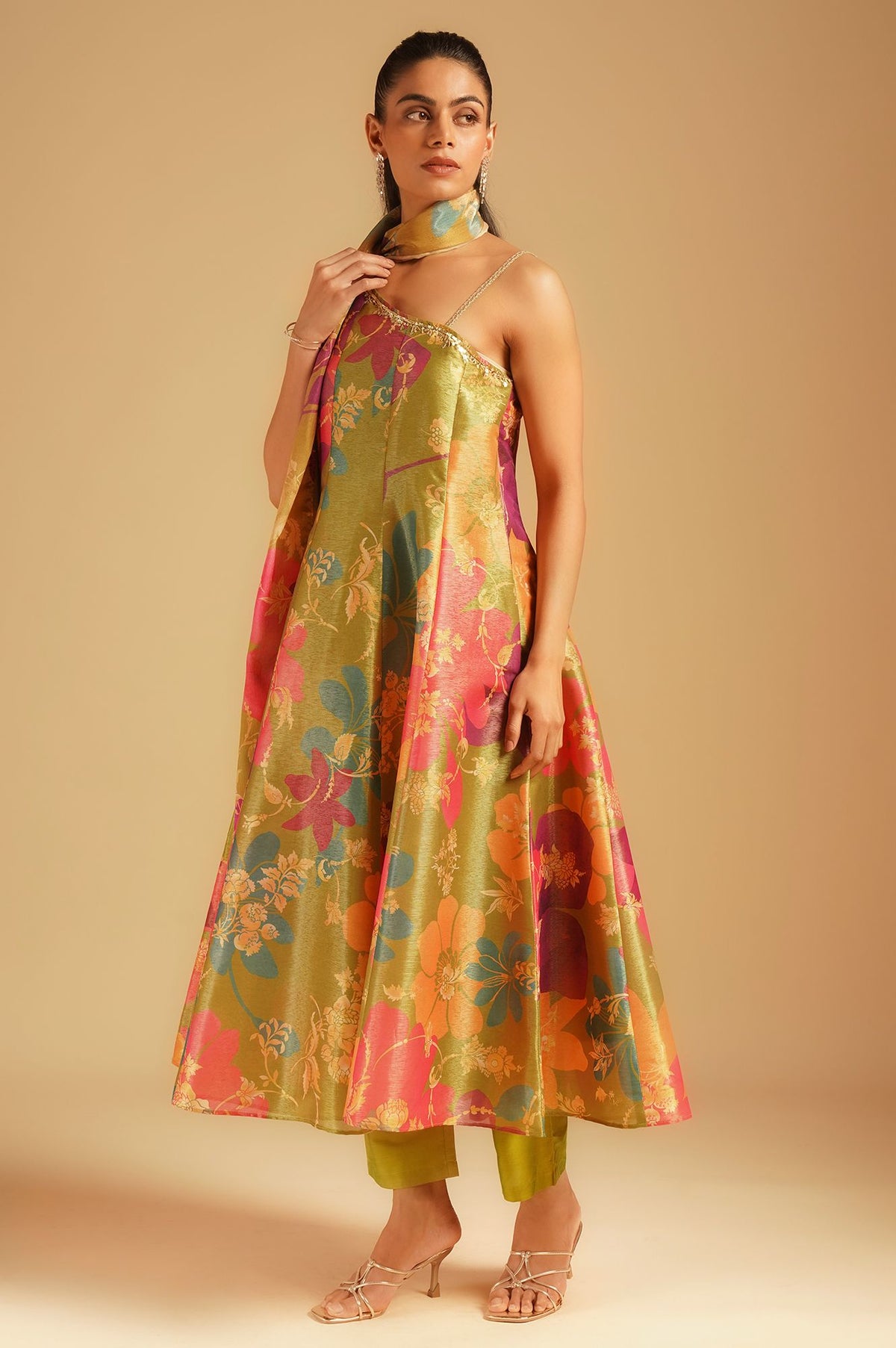 Green Floral Printed Tissue Crepe Sleeveless Flared Kurta with Pants and Dupatta Set
