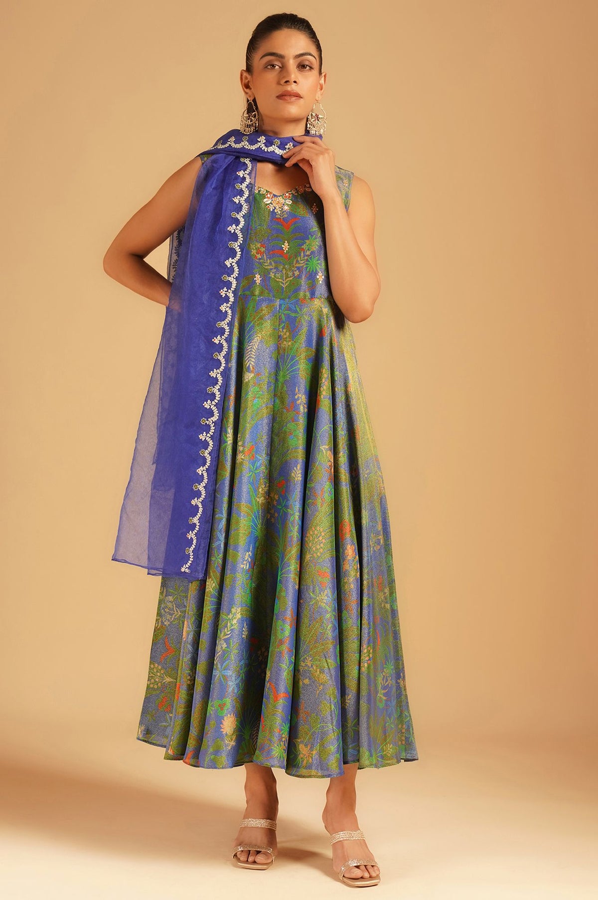 Blue Sequins Floral Printed Tissue Crepe Sleeveless Flared Anarkali with Dupatta Set