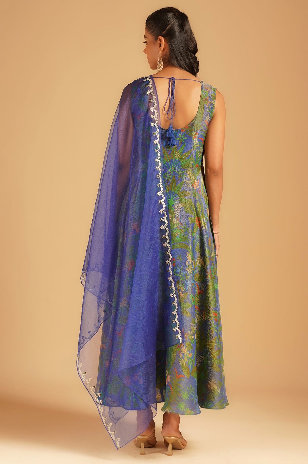 Blue Sequins Floral Printed Tissue Crepe Sleeveless Flared Anarkali with Dupatta Set
