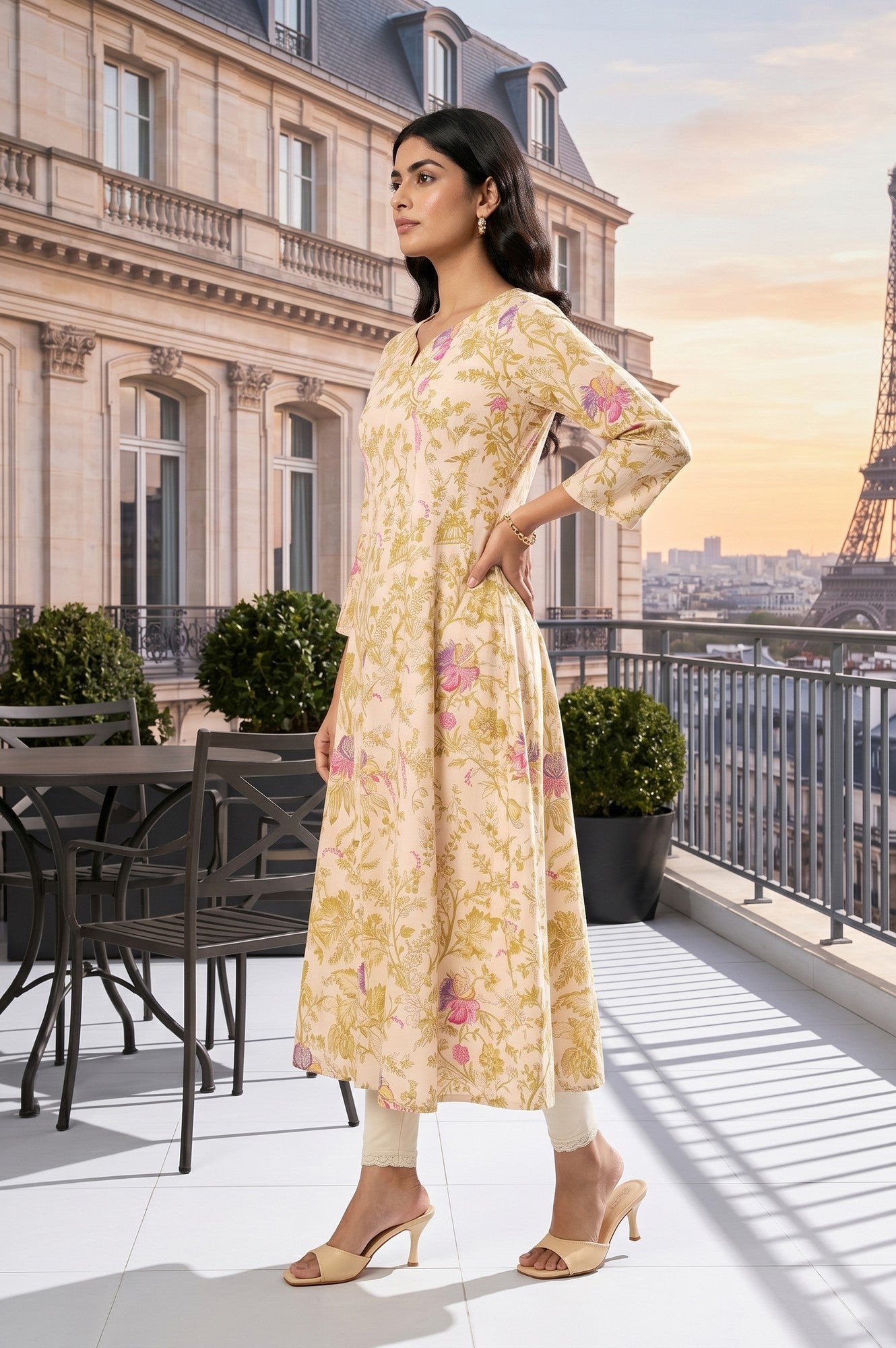 Beige Floral Printed Pure Cotton A-Line Kurta With Straight Pants and Dupatta Set