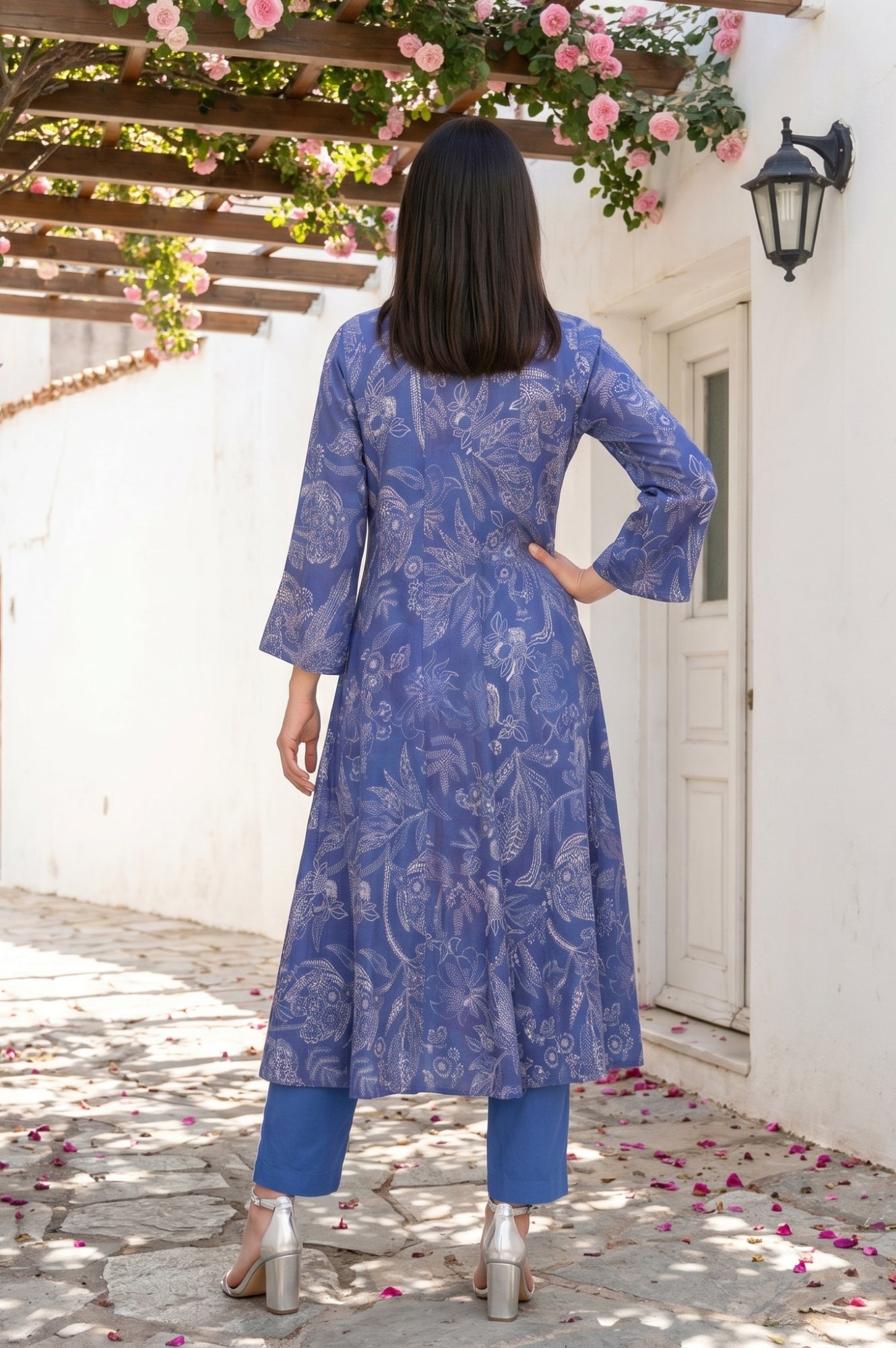 Blue Floral Printed Pure Cotton Straight Kurta With Pants and Dupatta Set