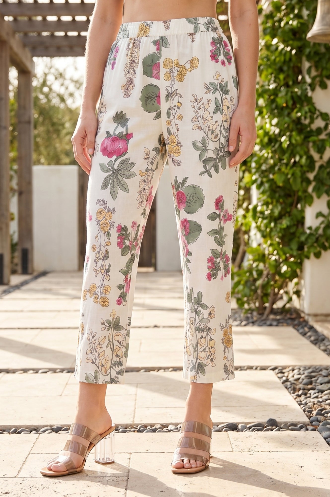 Off White Floral Printed Pure Cotton A-line Kurta with Pants Co-ord Set