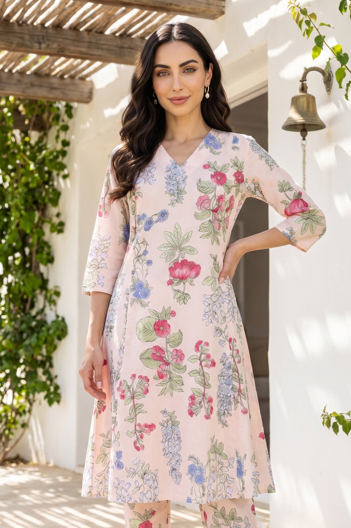 Peach Floral Printed Pure Cotton A-line Kurta with Pants Co-ord Set