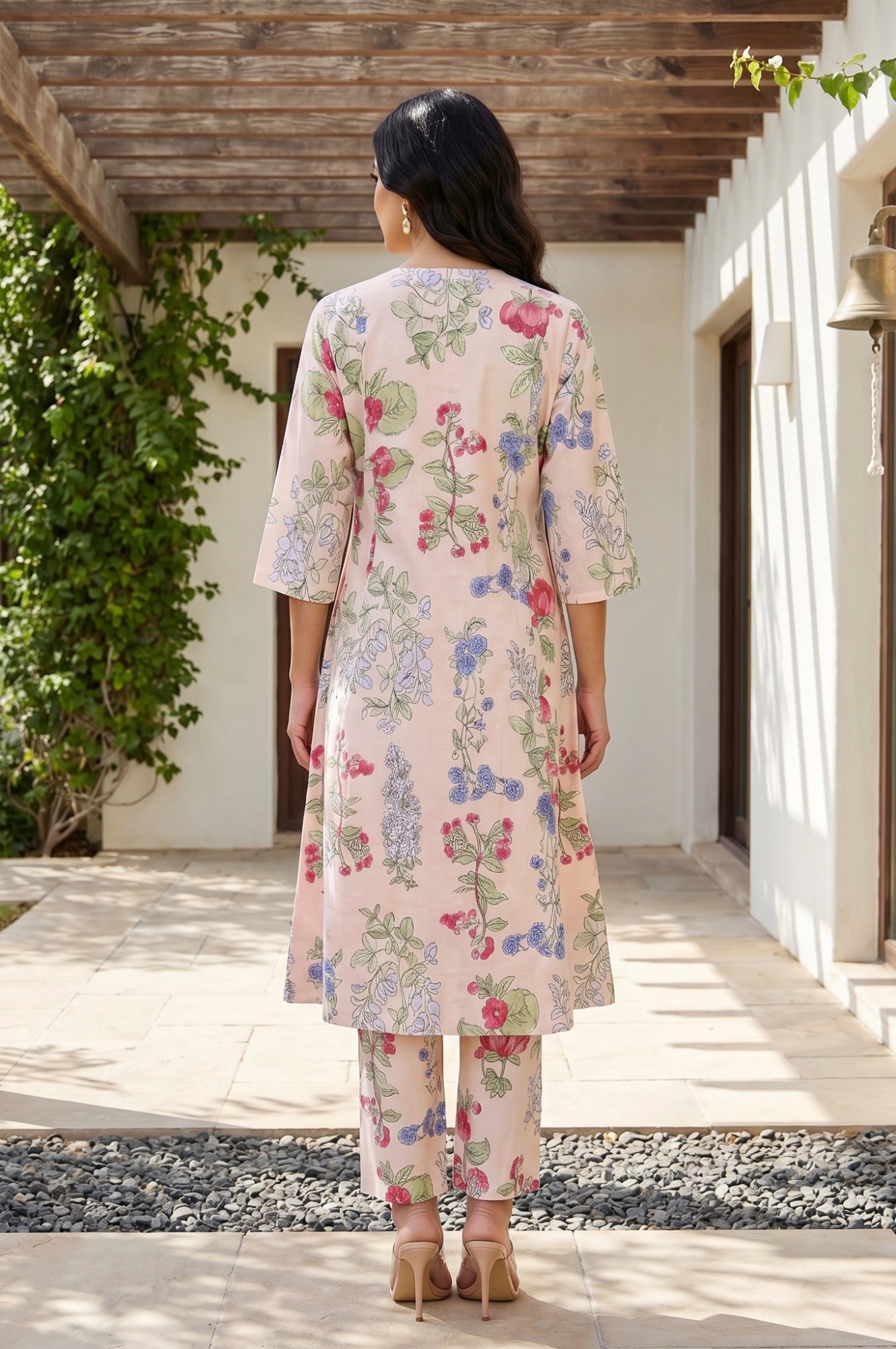 Peach Floral Printed Pure Cotton A-line Kurta with Pants Co-ord Set