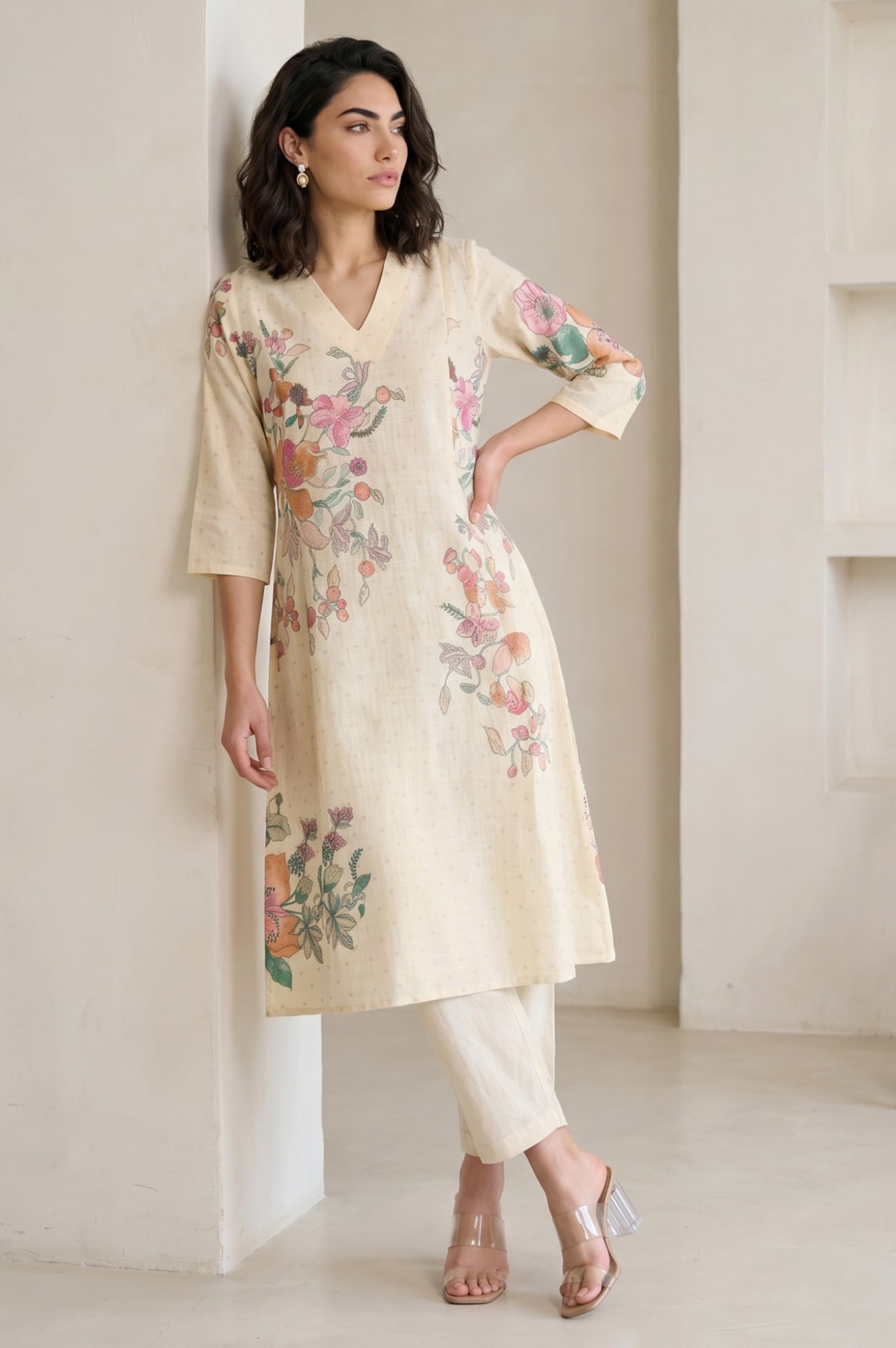 Beige Floral Printed Pure Cotton A-line Kurta with Pants Co-ord Set